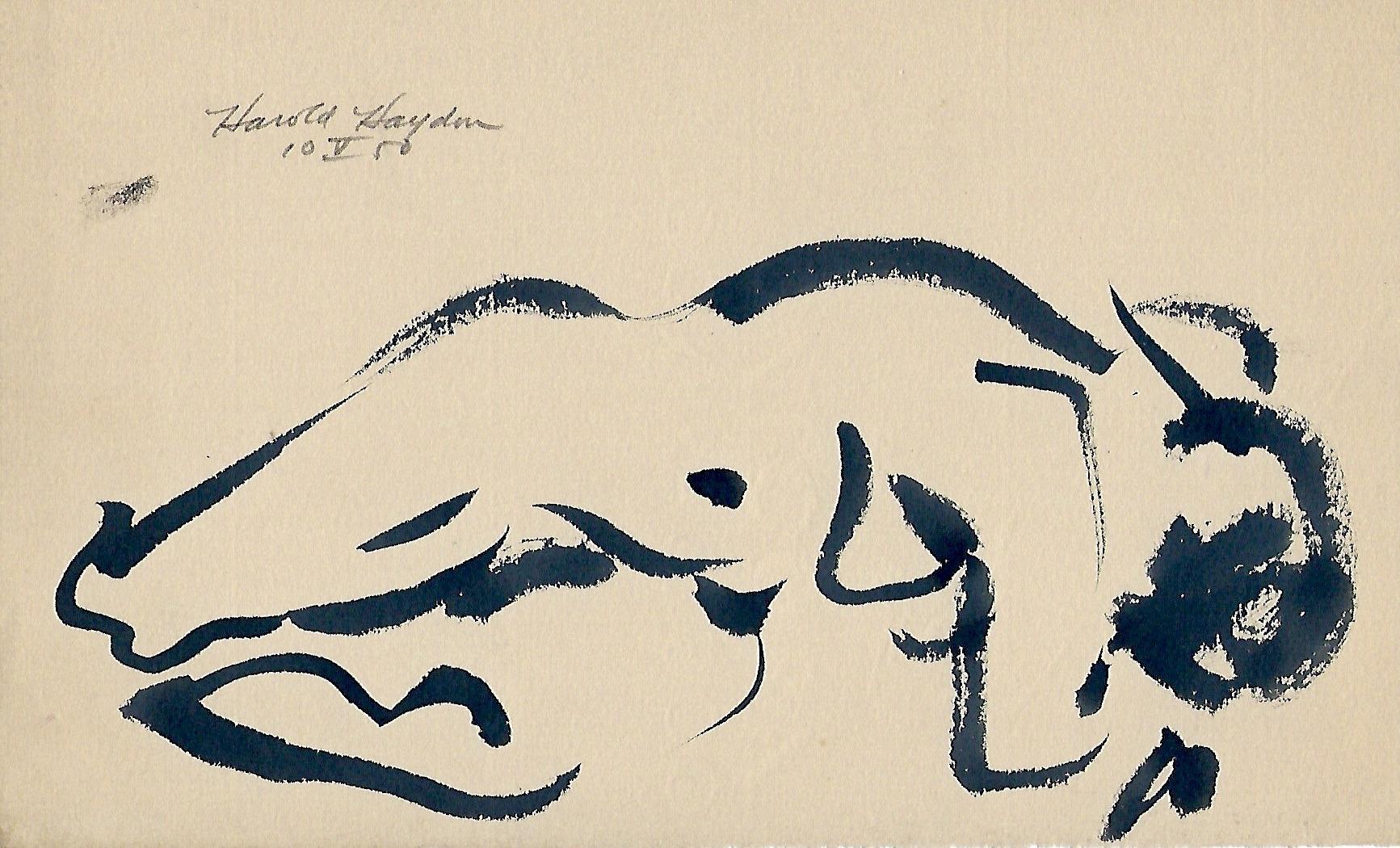 Nude di Harold Haydon - Un sorprendente disegno a inchiostro di un nudo femminile reclinato degli anni '50 della modernità di metà secolo