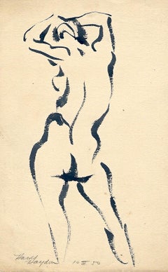 Sorprendente dibujo a tinta de un desnudo femenino de pie, moderno de mediados de siglo de los años 50