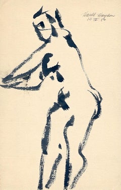 Sorprendente dibujo a tinta de un desnudo femenino de pie, moderno de mediados de siglo de los años 50
