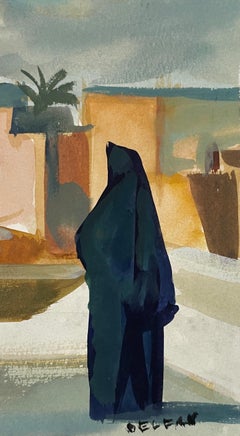 Un avvincente paesaggio del Marocco con figura in piedi avvolta da un sudario di Andre Delfau