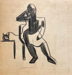 Un elegante dibujo cubista Art Decó de los años 40 de una mujer sentada - La llamada telefónica