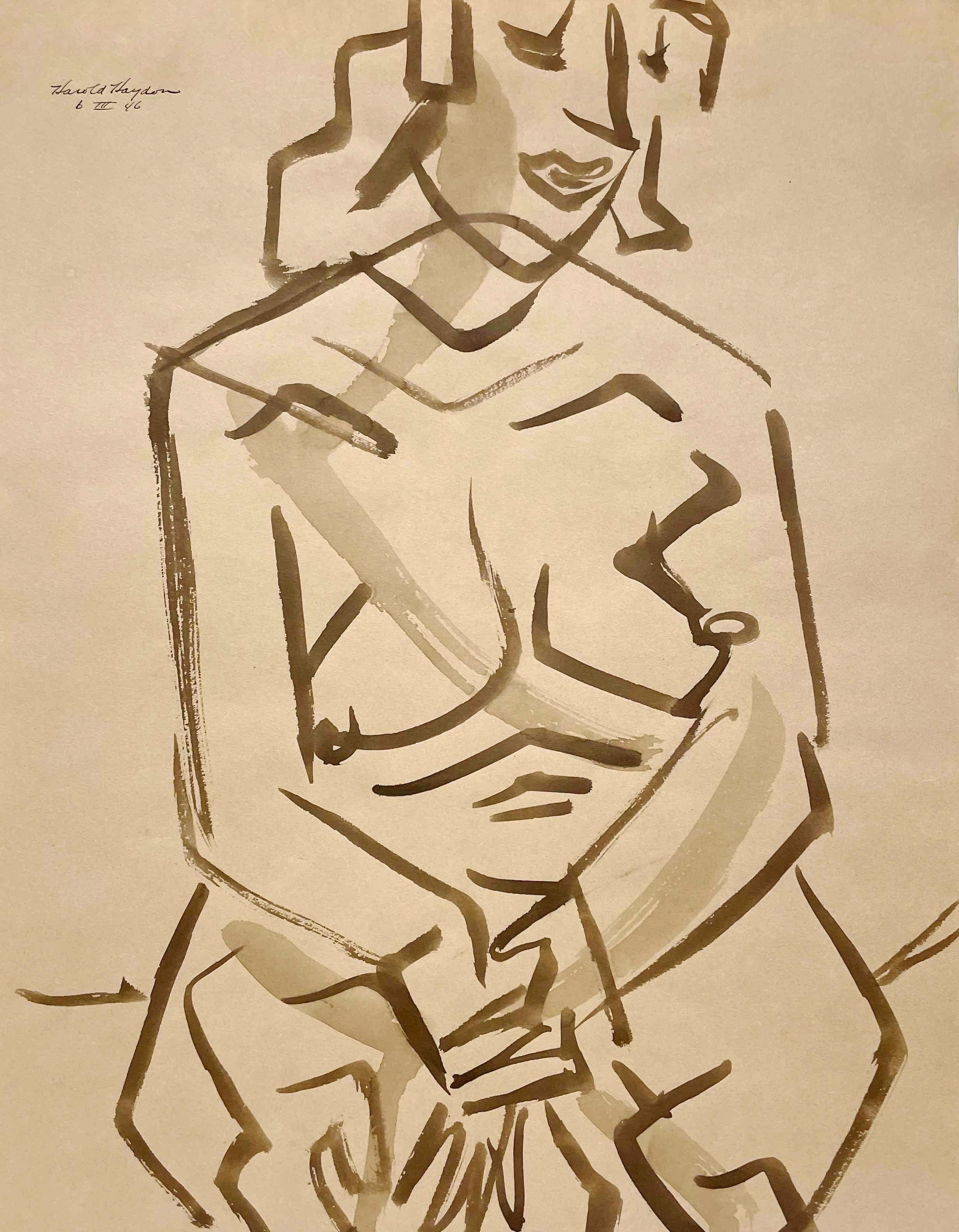 Fabulosa acuarela cubista moderna de los años 40 de un desnudo femenino sentado, en tono sepia