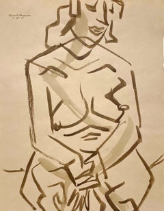 Eine fabelhafte 1940er Jahre moderne kubistische Aquarell einer sitzenden weiblichen Akt, Sepia getönt