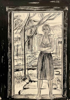 Llamativa escena de estudio moderno de Vermont de 1946, modelo femenina de pie en una puerta