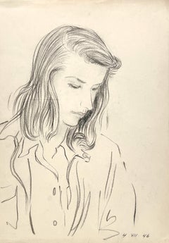Retrato modernista de mujer joven de 1946, finamente dibujado, por Harold Haydon
