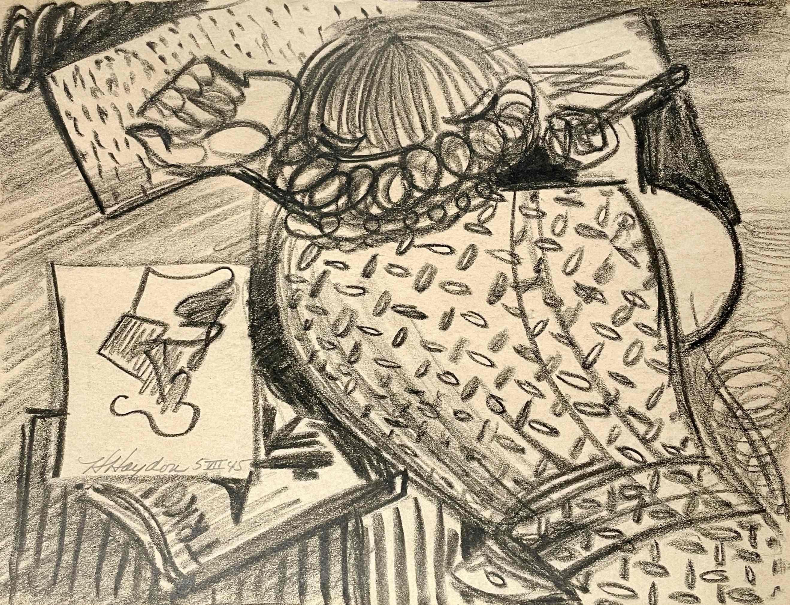 Un encantador dibujo moderno de mediados de siglo de 1940 de una mujer artista, clase de dibujo