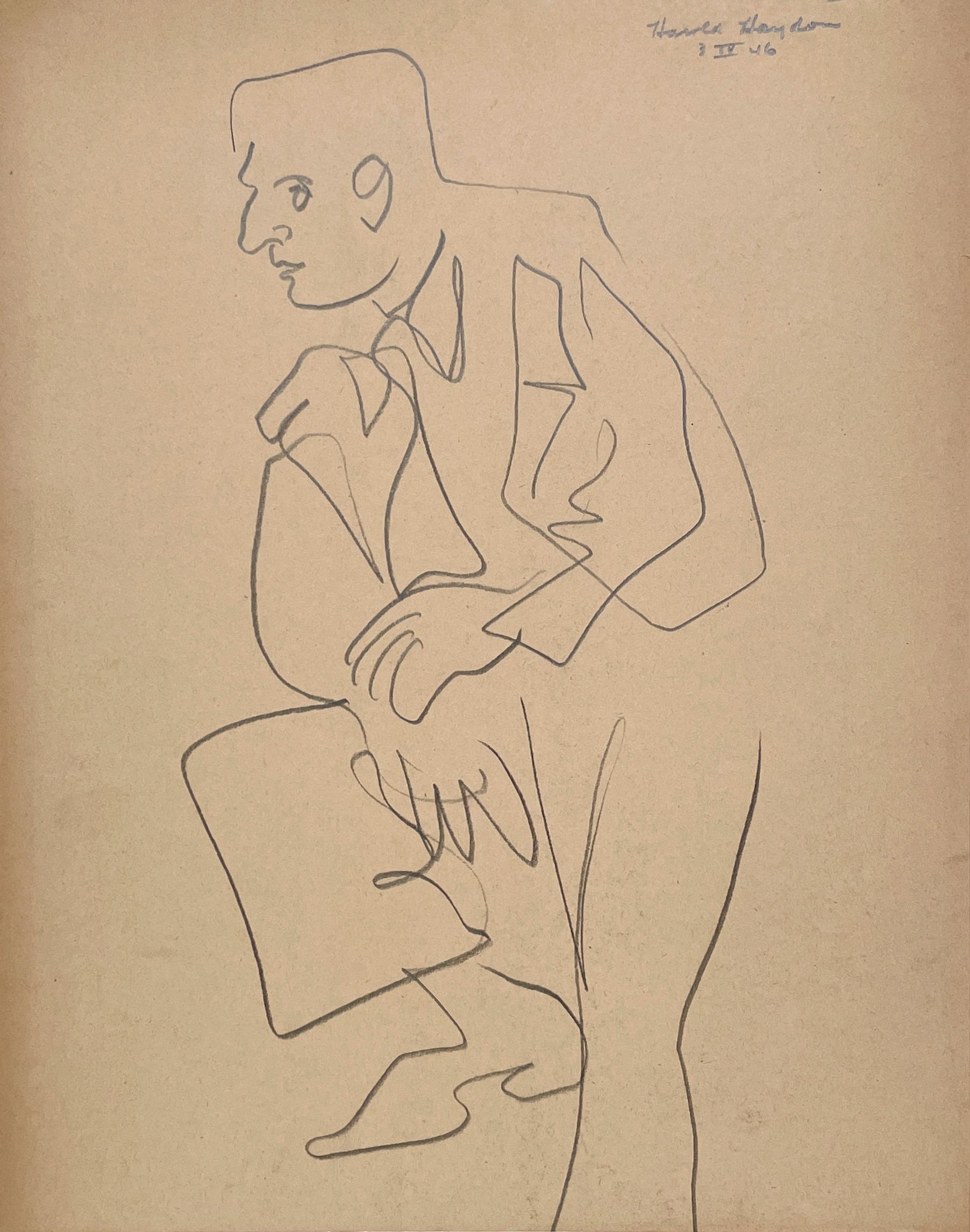 A Handsome 1940s Portrait of a Seated Man by Chicago Modern Artist, Harold Haydon (Am. 1909-1994).  A wonderfully executed line drawing dating from 1946 with great character;  looks like a figure cast out of the television drama "Mad Men".

Artwork