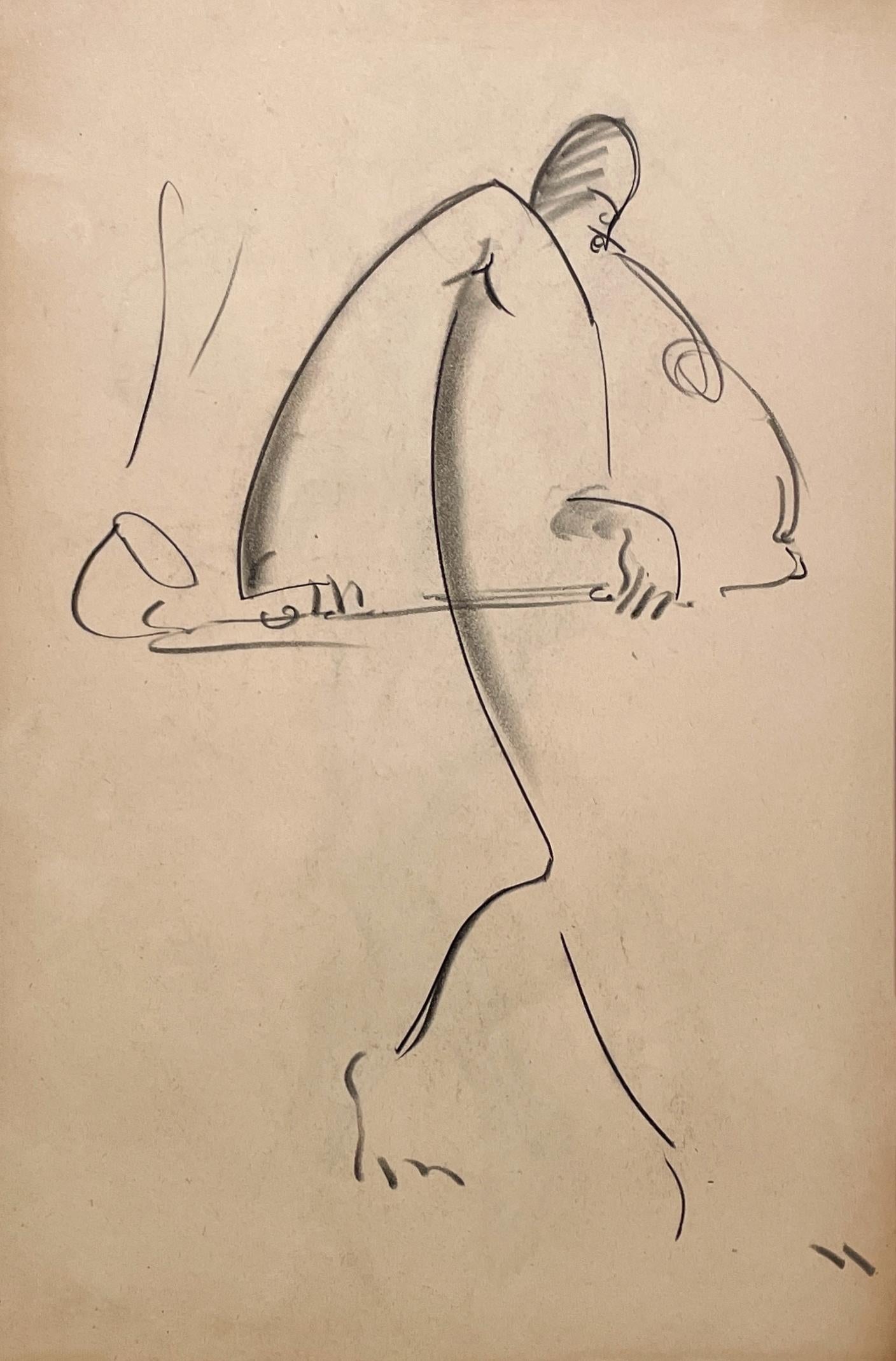 A Charming, Vintage 1930s Charcoal Drawing of a Saxophone Player, Jazz Musician