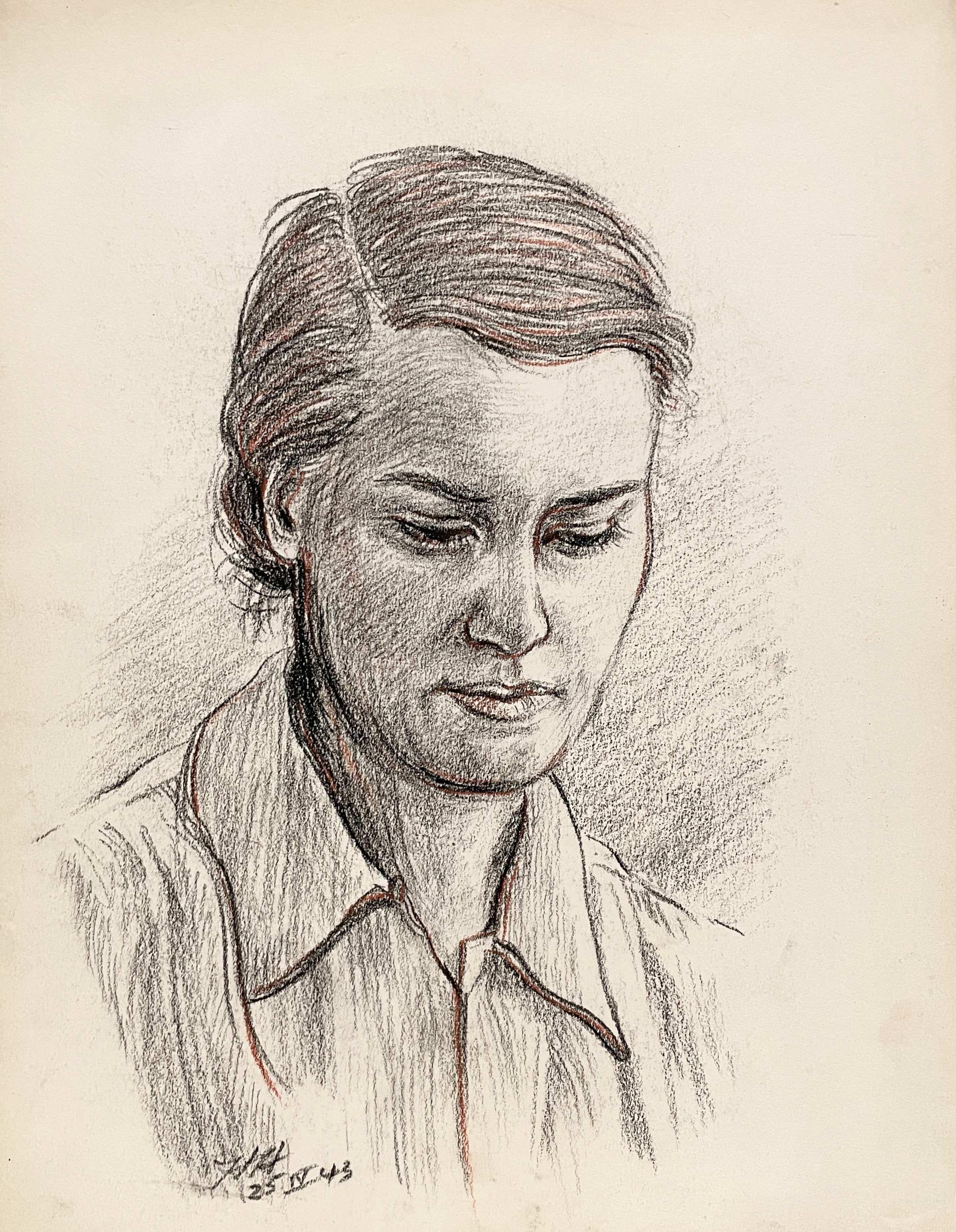 An Intimate, 1940s Modern Portrait Drawing of a Young Woman by Notable Chicago Artist, Harold Haydon (Am. 1909-1994).  A finely drawn, introspective portrait in pastel and charcoal of the artist's wife, Virginia dating from 1943.  Artwork size:  14