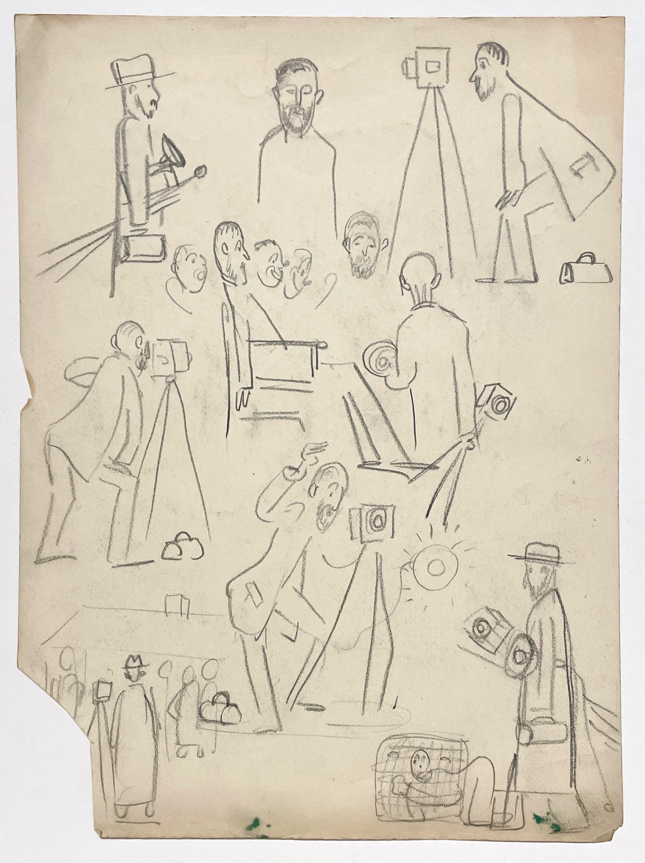 "The Photographer", A Large, Whimsical 1930s Caricature Study by Notable Chicago Modern Artist, Harold Haydon (Am. 1909-1994).  A wonderful vintage charcoal drawing depicting varying composite sketches of life as a photographer.  Very fun and full