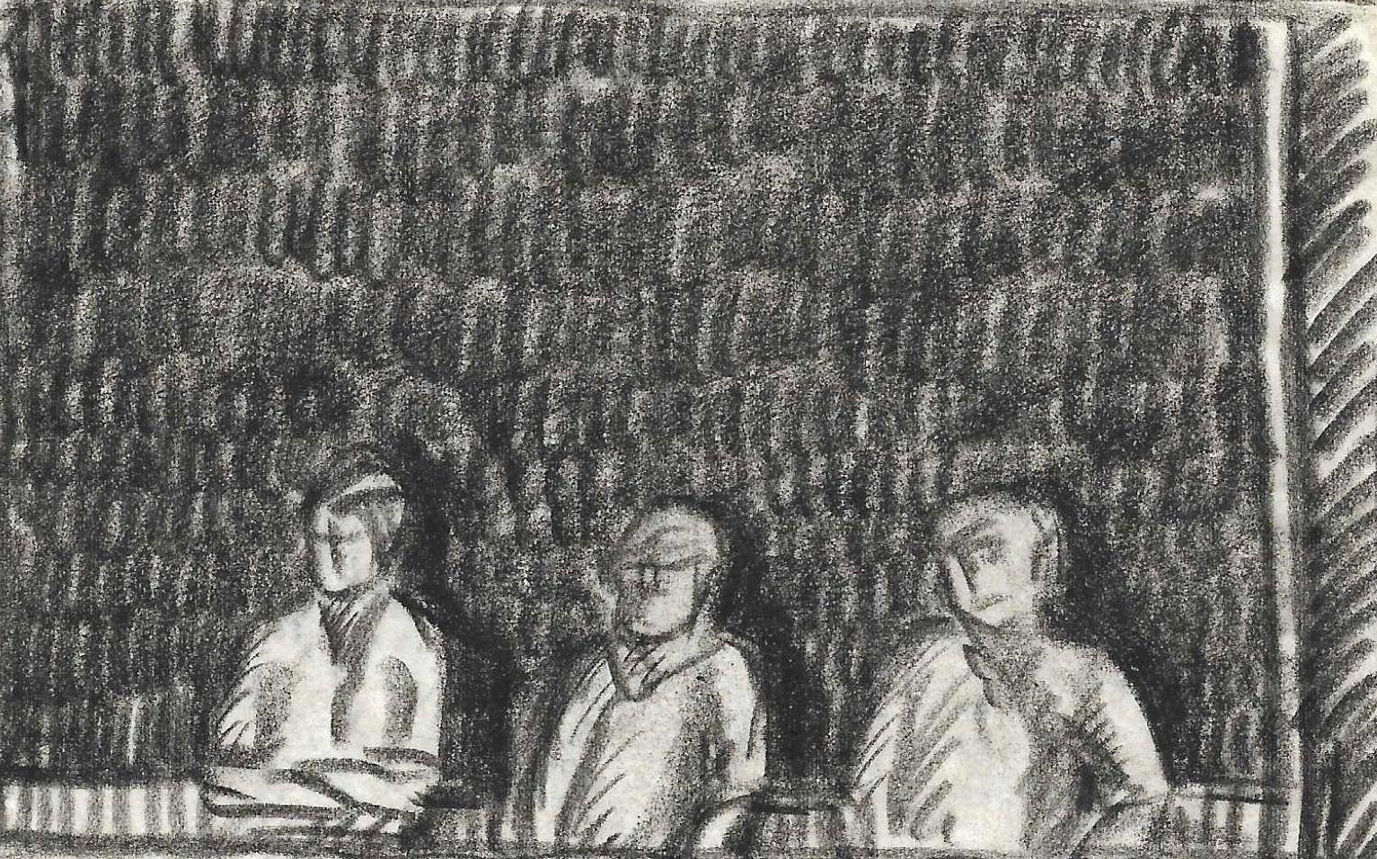 Un affascinante studio a carboncino degli anni '30 di tre giovani uomini alla finestra di una casa sul lago