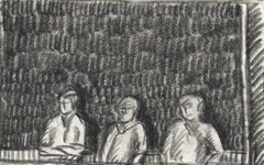 Un affascinante studio a carboncino degli anni '30 di tre giovani uomini alla finestra di una casa sul lago