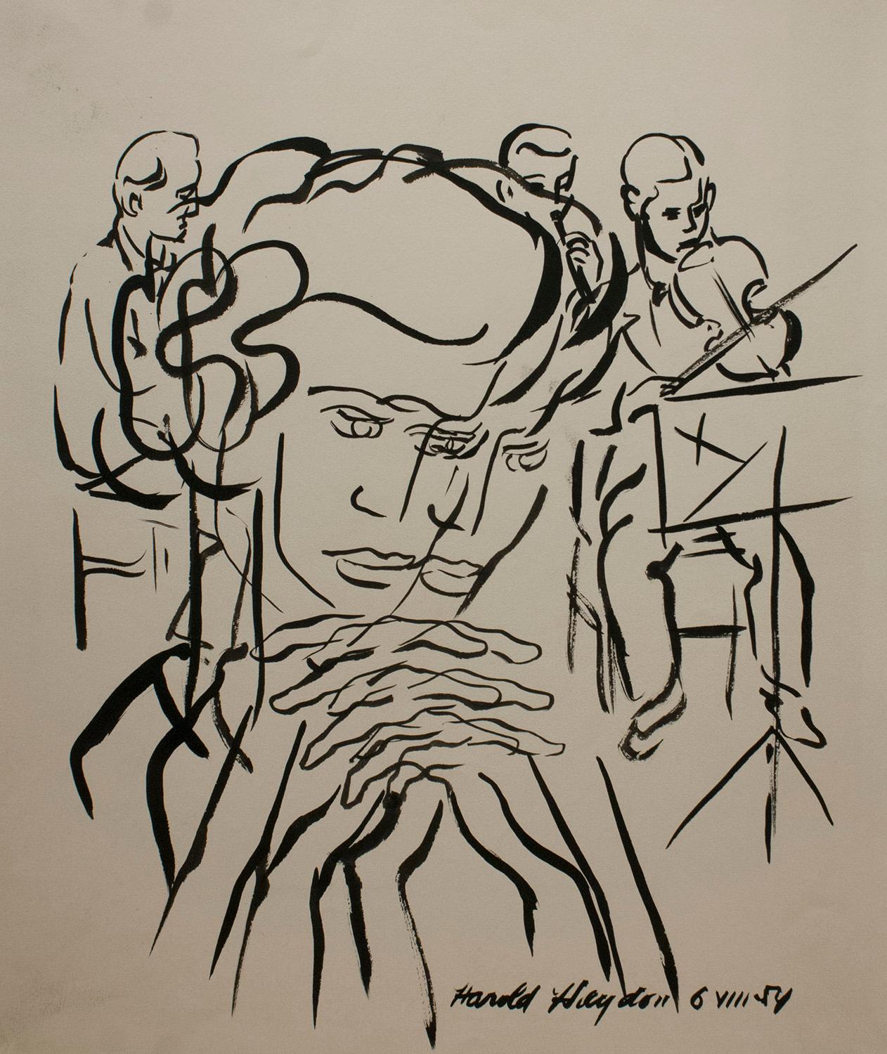 Harold Haydon Figurative Art – Eine schöne, surrealistische Darstellung einer Sommersymphonie aus den 1950er Jahren