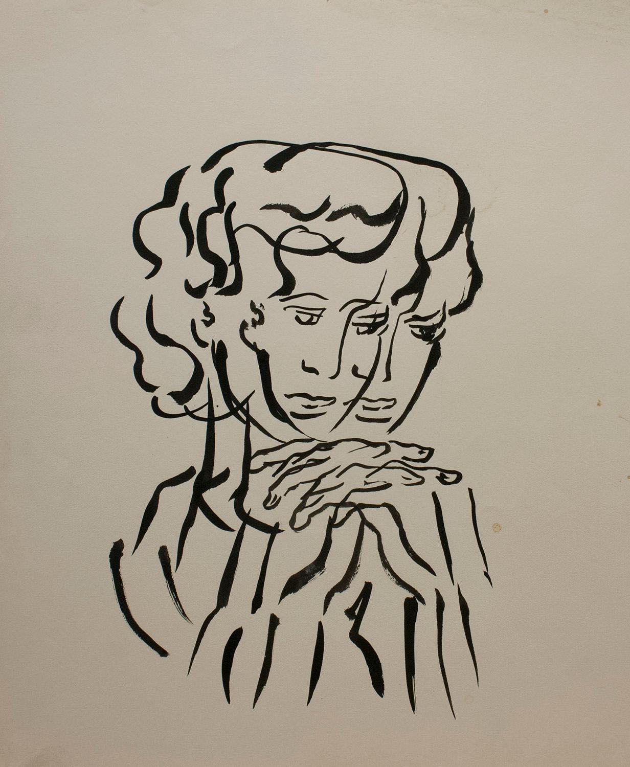 Harold Haydon Figurative Art – Eine schöne surrealistische Darstellung einer Porträtstudie aus den 1950er Jahren
