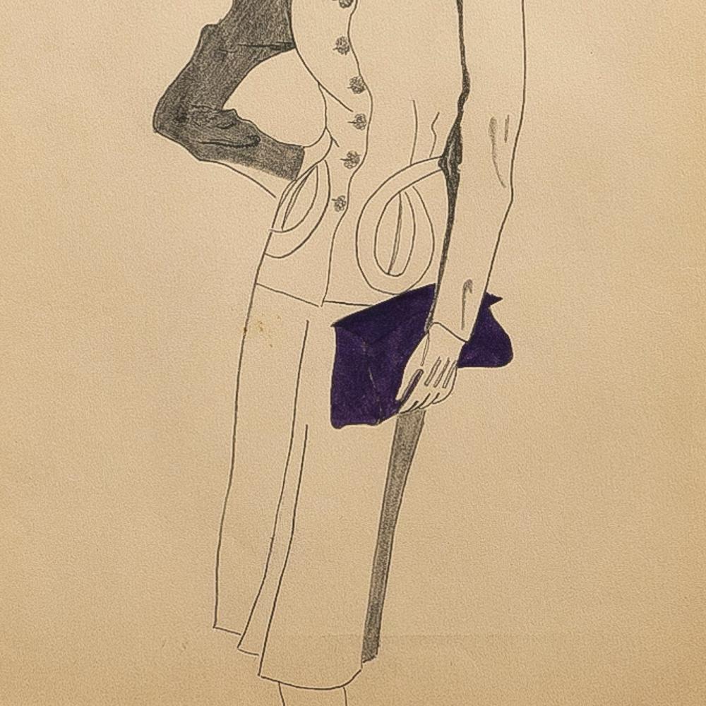 An early 1940s fashion study featuring a hat advertisement for a hat, suit and purse.   Provenance:  Cornelia Steckl-Jurin, Founder of the Fashion Department at the School of the Art Institute of Chicago.  Archivally matted to 12