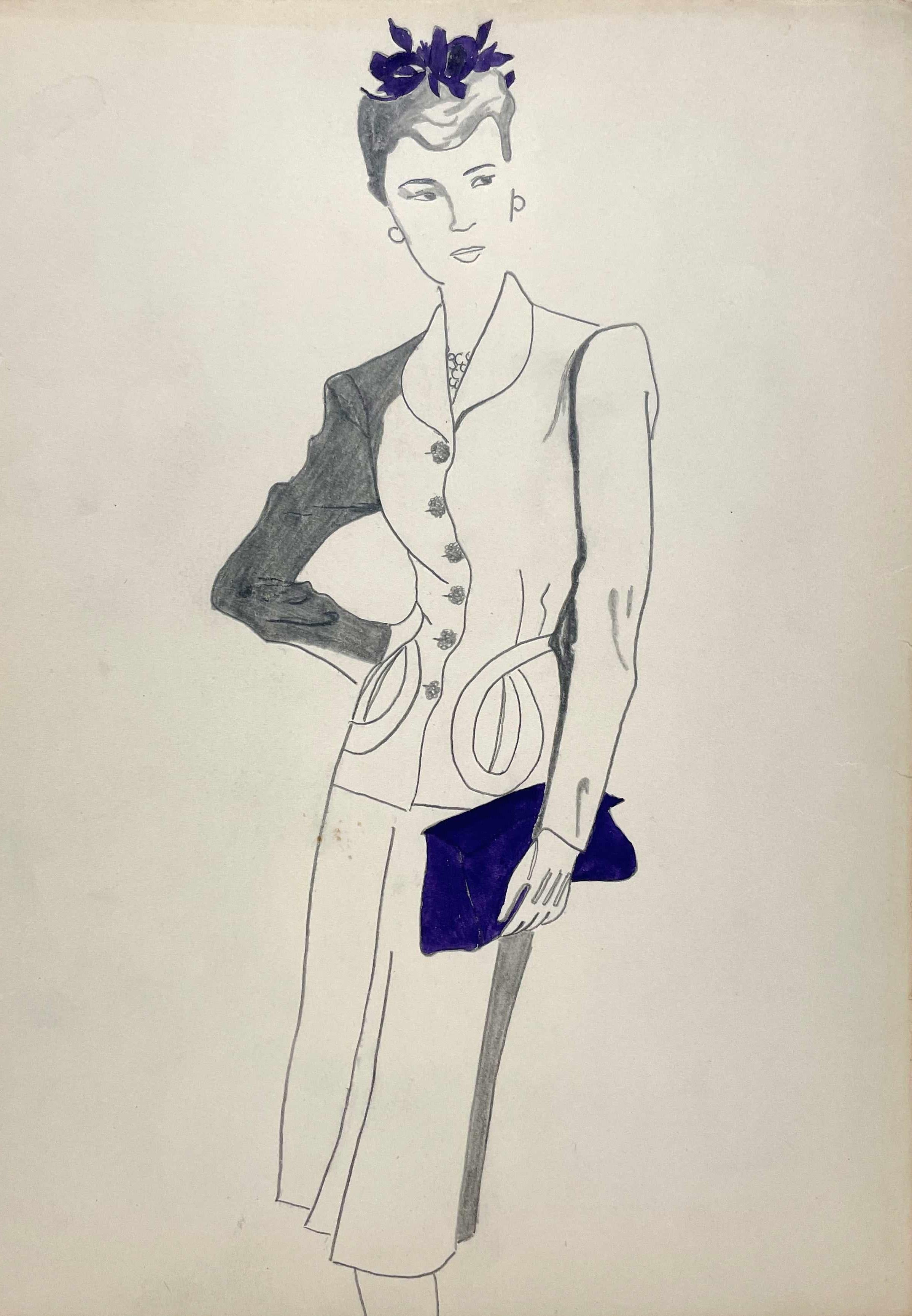 Étude de mode d
une femme avec un costume, un chapeau et un sac du début des années 1940