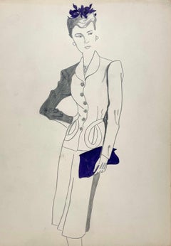 Étude de mode d
une femme avec un costume, un chapeau et un sac du début des années 1940