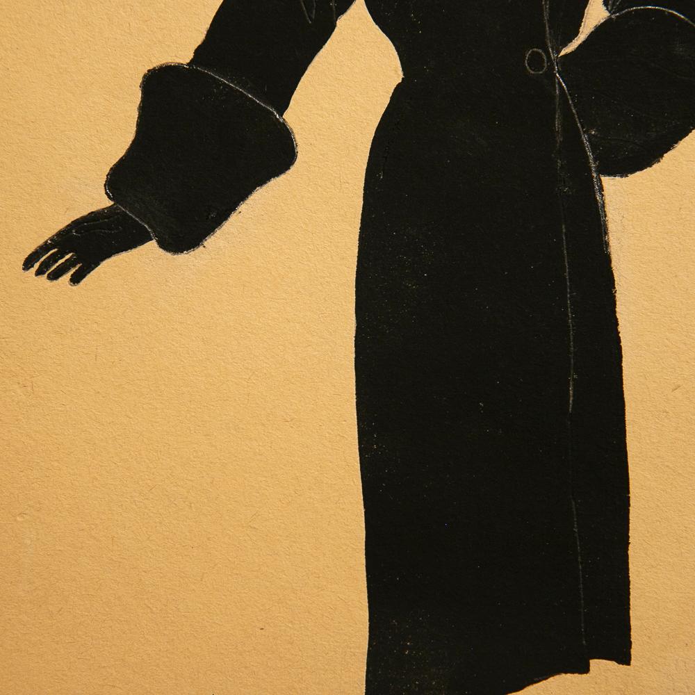 Eine Modestudie aus den frühen 1940er Jahren, die eine Frau in einer Blum's Vogue-Anzeige zeigt.  Provenienz: Cornelia Steckl-Jurin, Gründerin der Modeabteilung an der School of the Art Institute of Chicago. Archivmattiert auf 12