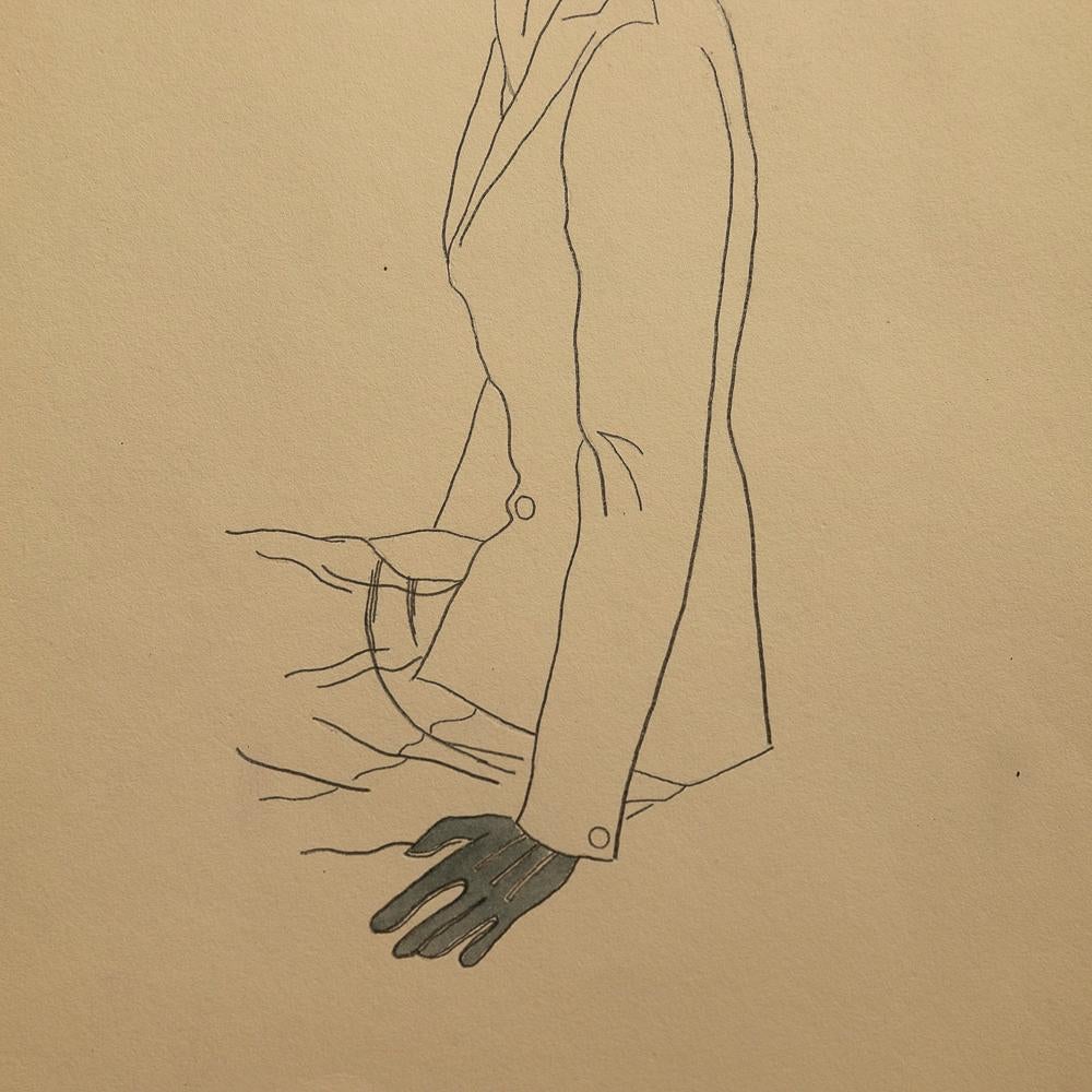 An early 1940s fashion study featuring a woman seated with hat and gloves.  Provenance: Cornelia Steckl-Jurin, Founder of the Fashion Department at the School of the Art Institute of Chicago. Archivally matted to 12
