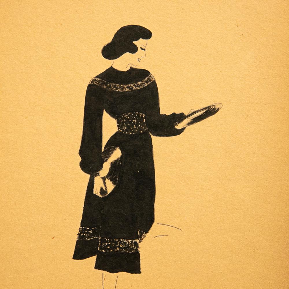 Eine Modestudie aus den frühen 1940er Jahren, die eine Frau in einer Saks Fifth Avenue-Anzeige zeigt.  Provenienz: Cornelia Steckl-Jurin, Gründerin der Modeabteilung an der School of the Art Institute of Chicago. Archivmattiert auf 12
