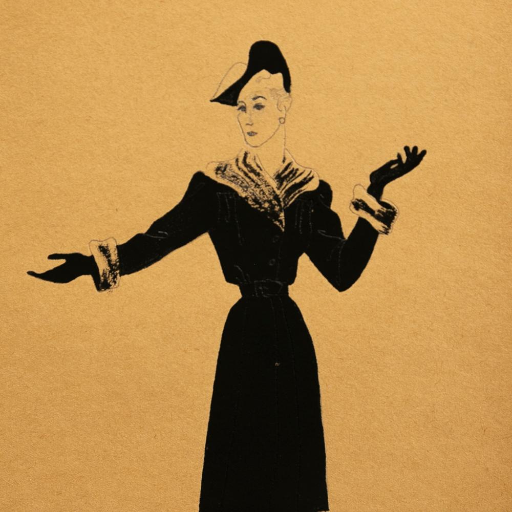 Uno studio di moda della fine degli anni '30 con cappello e cappotto da donna, Marshall Field & Co. - Art Art Déco di Unknown