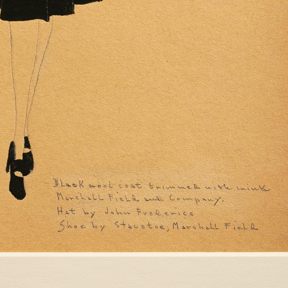 Eine Modestudie aus den frühen 1940er Jahren, die eine Frau mit Hut und Marshall Field-Mantel zeigt.  Provenienz: Cornelia Steckl-Jurin, Gründerin der Modeabteilung an der School of the Art Institute of Chicago. Archivmattiert auf 12