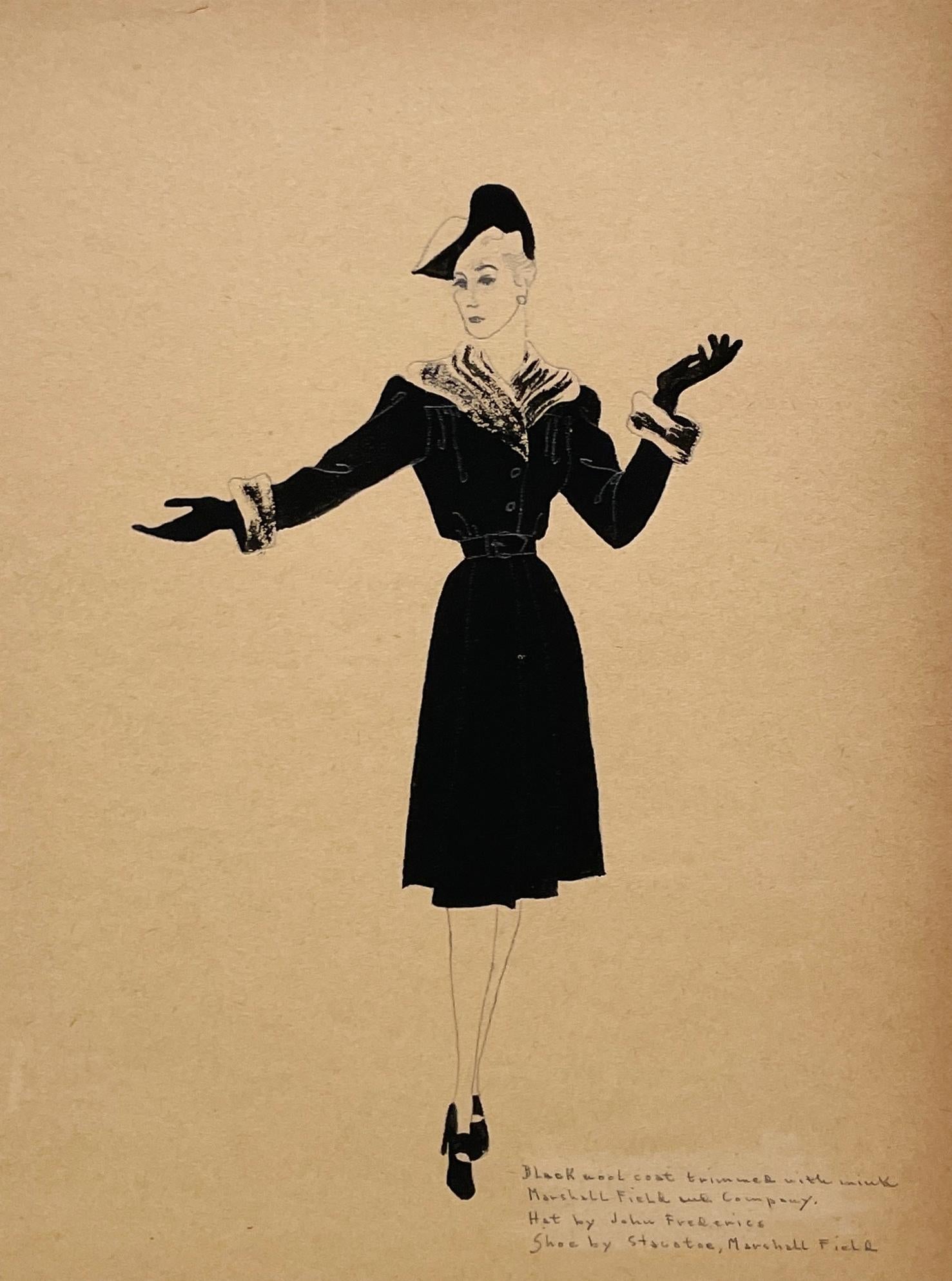 Eine Modestudie aus den späten 1930er Jahren mit einem Damenhut und -mantel, Marshall Field 
Co.