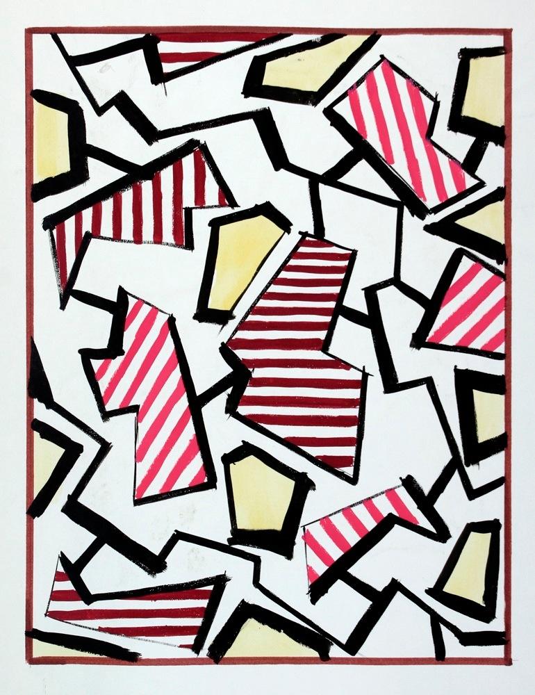 A 1950s geometric textile design in brown, yellow and pink tones by notable stage and set designer Andre Delfau.

Born in Paris, France in 1914, Andre Delfau became an internationally acclaimed stage, set and costume designer who worked world-wide