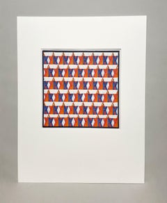 A 1950s Mid-Century Modern Orange Blue & White Abstract Geometric Textile Design