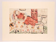 A charming 1930s Modern watercolor of a reclining woman, studio interior scene
