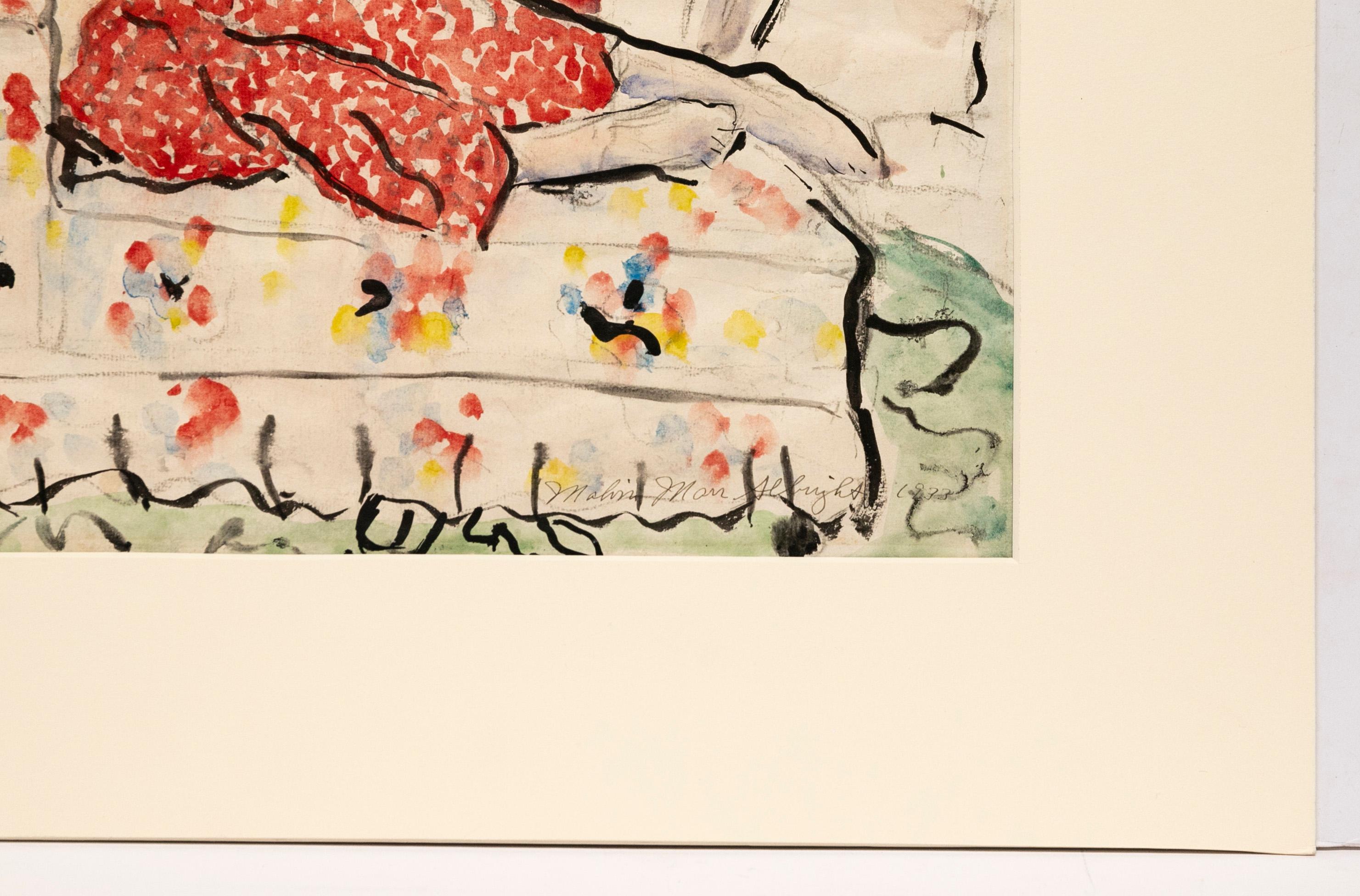 Ein 1933 entstandenes Aquarell einer liegenden Frau in einem roten Kleid von Malvin Marr Albright (Zsissily), dem eineiigen Zwilling des Künstlers Ivan Albright und Sohn des Künstlers Adam Le Lorrain Albright.

Albright wurde 1897 in Chicago