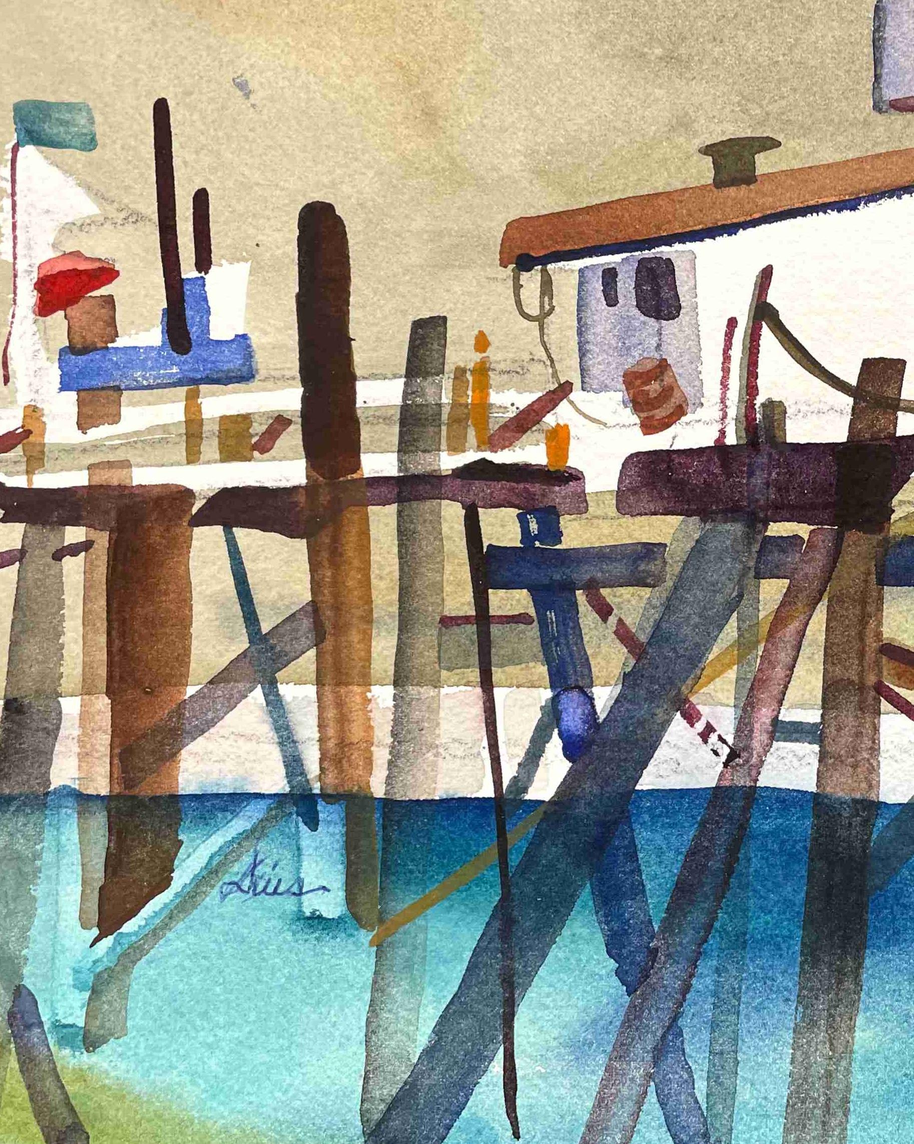 Delightful ca. 1950s Cubist Harbor Scene by Artist Rita Duis (Astley-Bell) For Sale 1