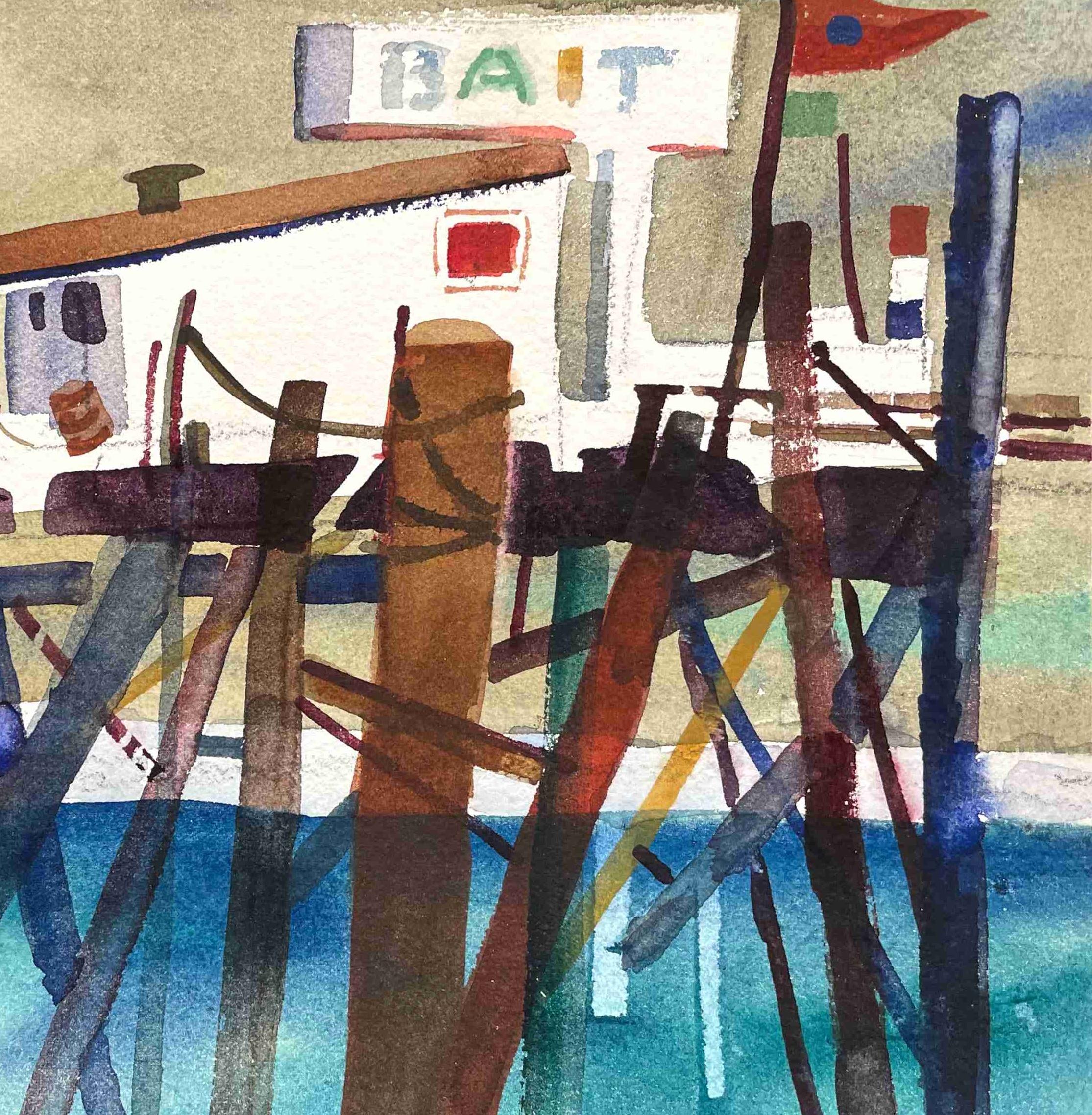 Delightful ca. 1950s Cubist Harbor Scene by Artist Rita Duis (Astley-Bell) For Sale 2