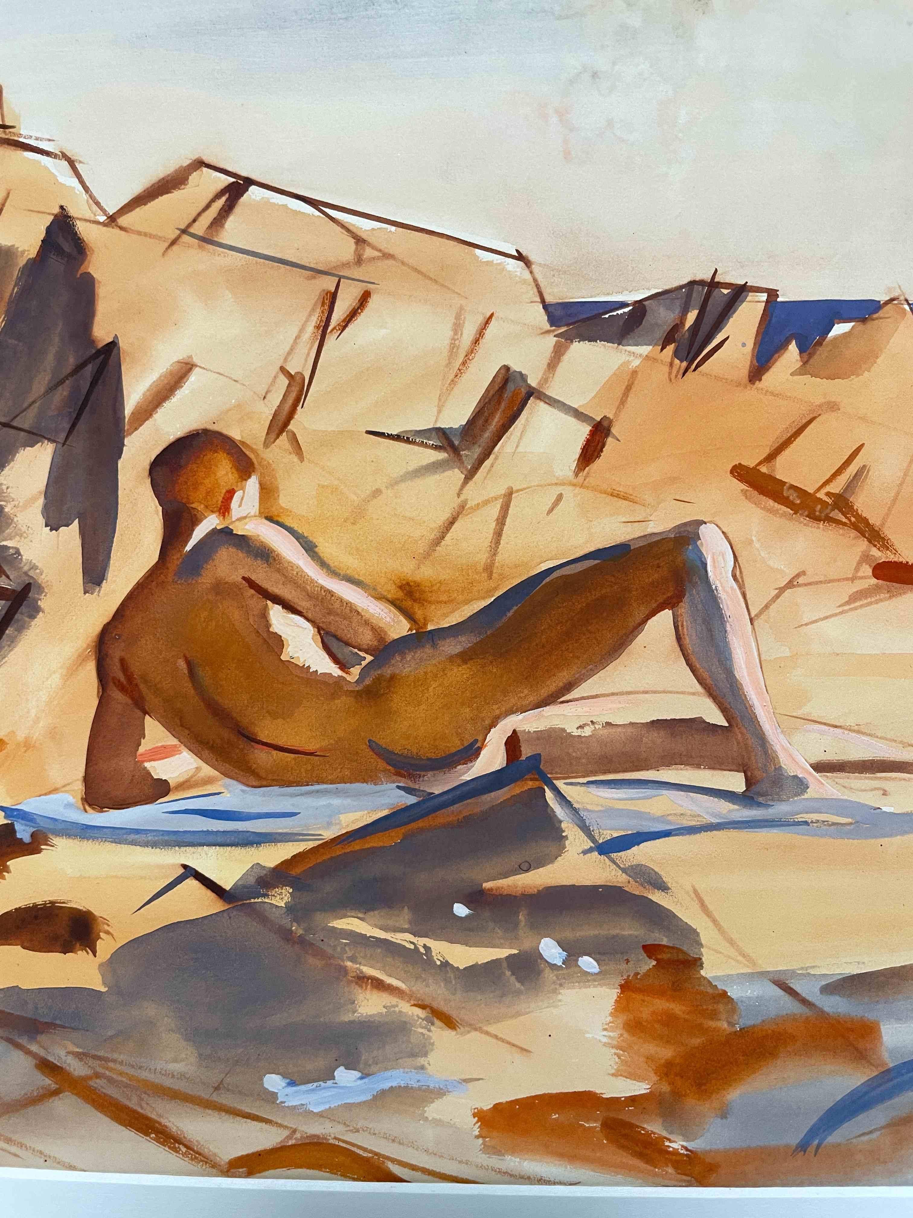 Untitled (Beach Scene with Reclining Male Bather) - Modern Art by Andre Delfau