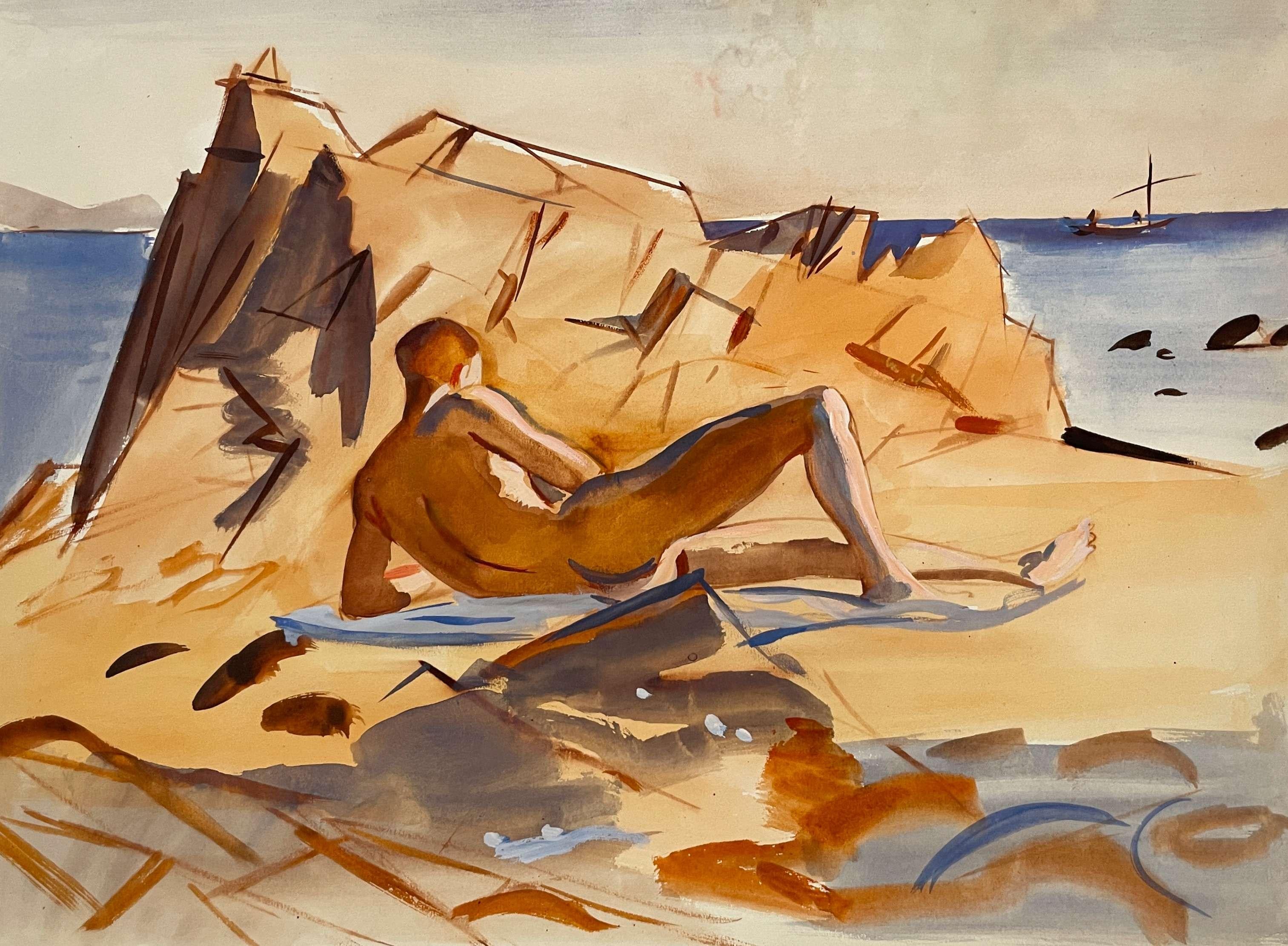 Andre Delfau Nude - Untitled (Beach Scene with Reclining Male Bather)