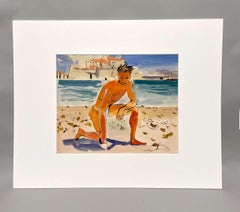 A French Modern 1950s Watercolor of a Young Male Bather by Andre Delfau