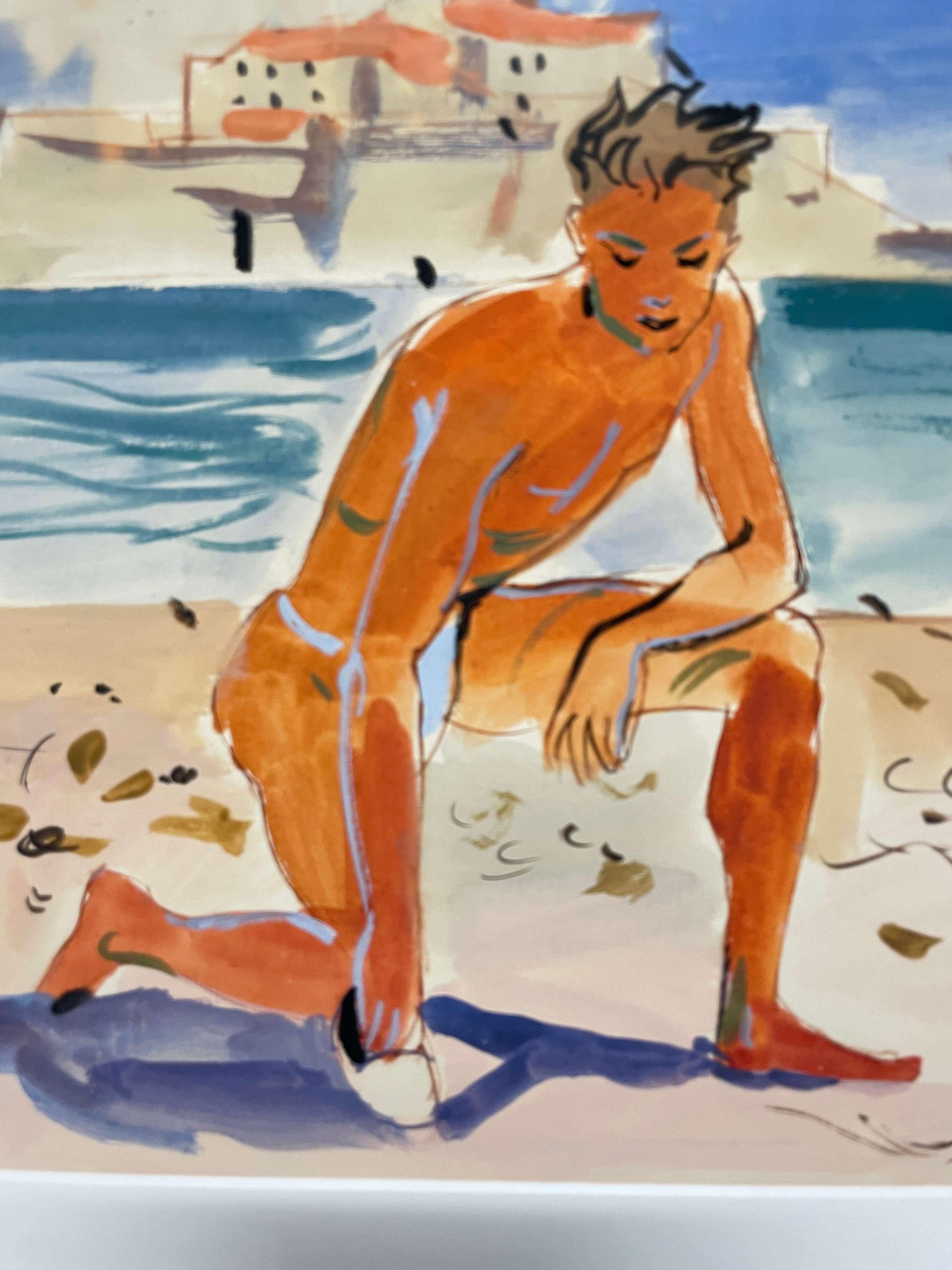 A Mid-Century watercolor of a male bather kneeling on a beach in the Côte d' Azur by artist Andre Delfau.

Born in Paris, France in 1914, Andre Delfau became an internationally acclaimed stage, set and costume designer who worked world-wide from the