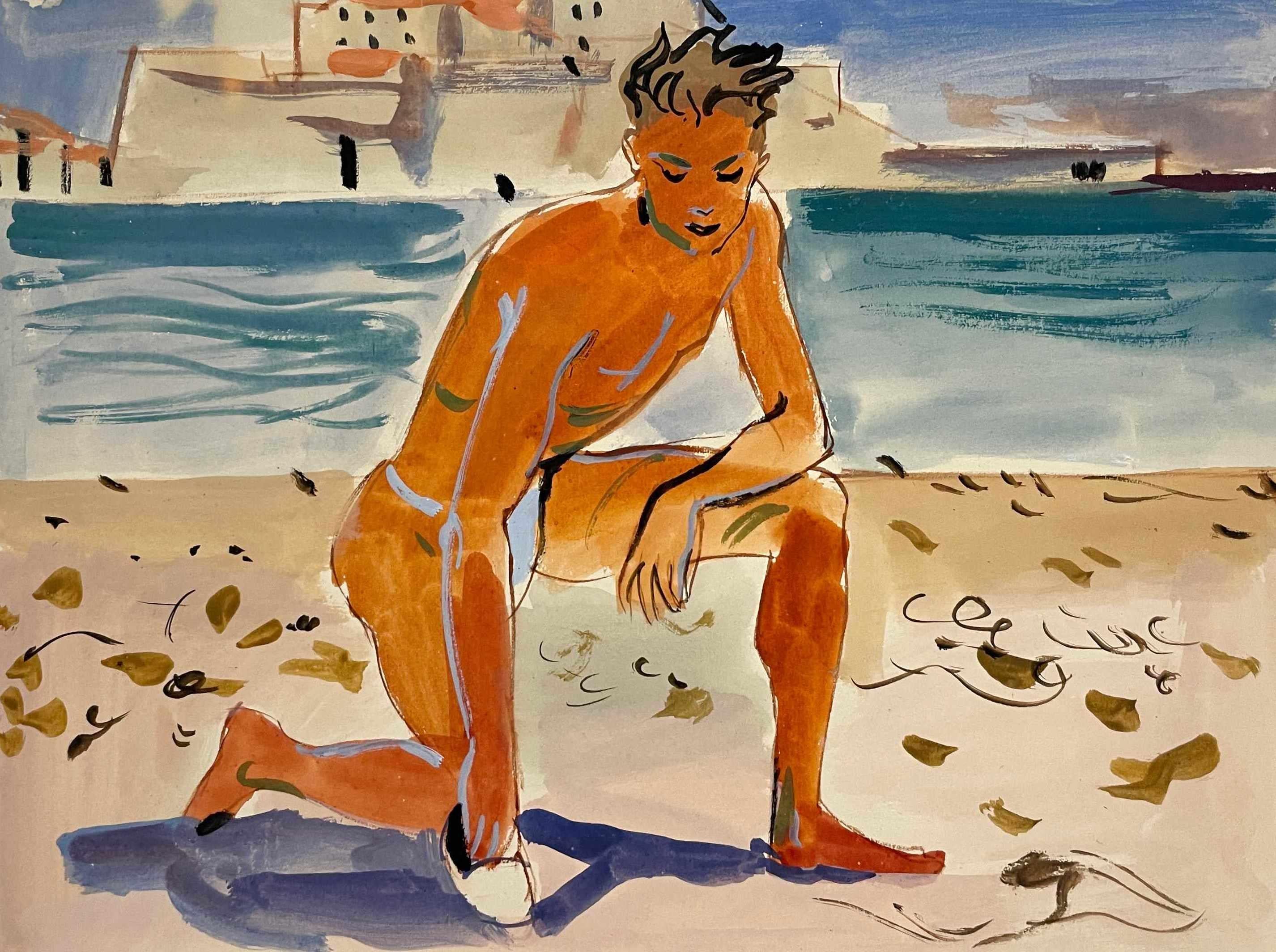 Andre Delfau Figurative Art - Untitled (Kneeling Male Bather)