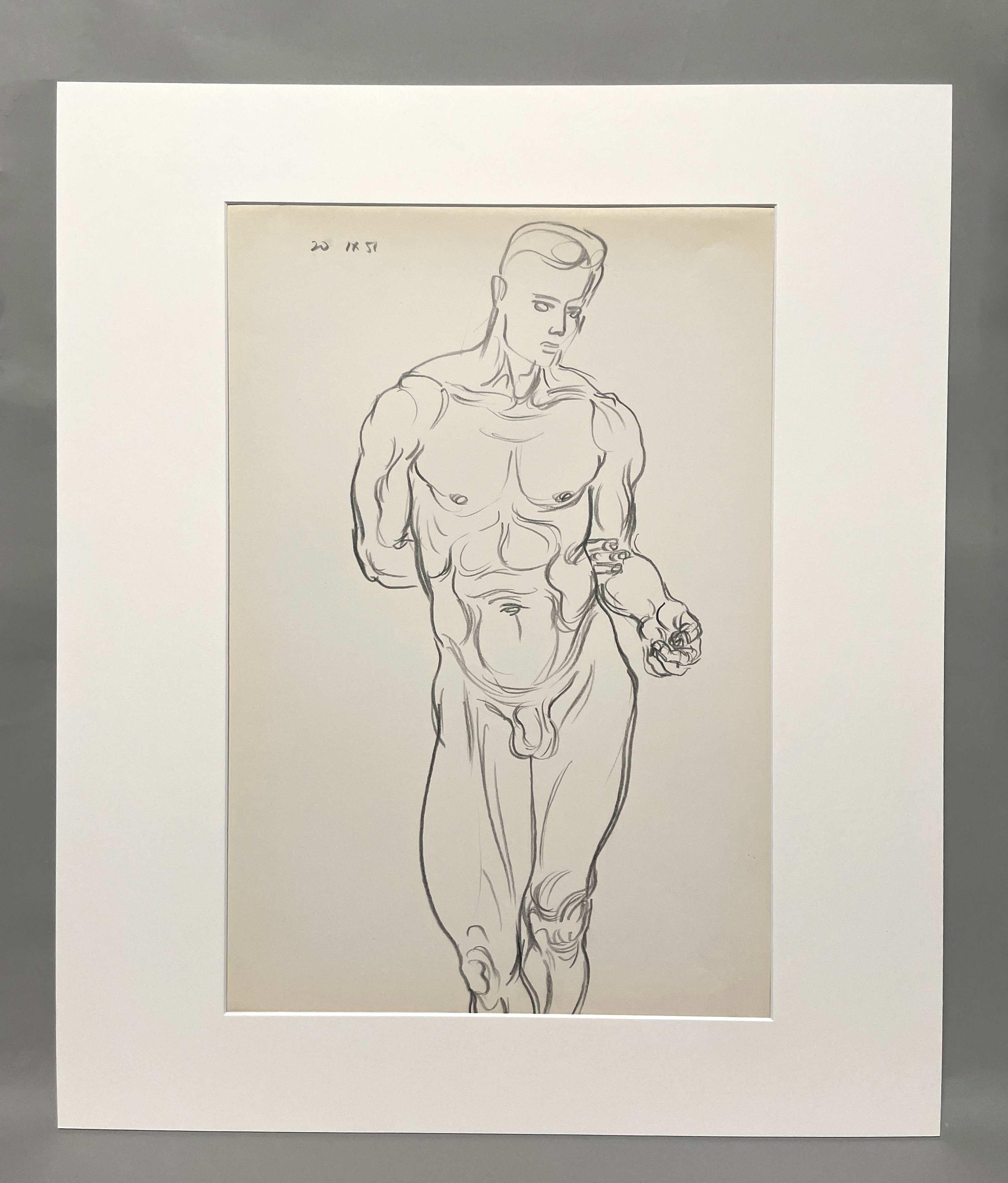 Figure Drawing of a standing Male Nude by Artist Harold Haydon For Sale 1