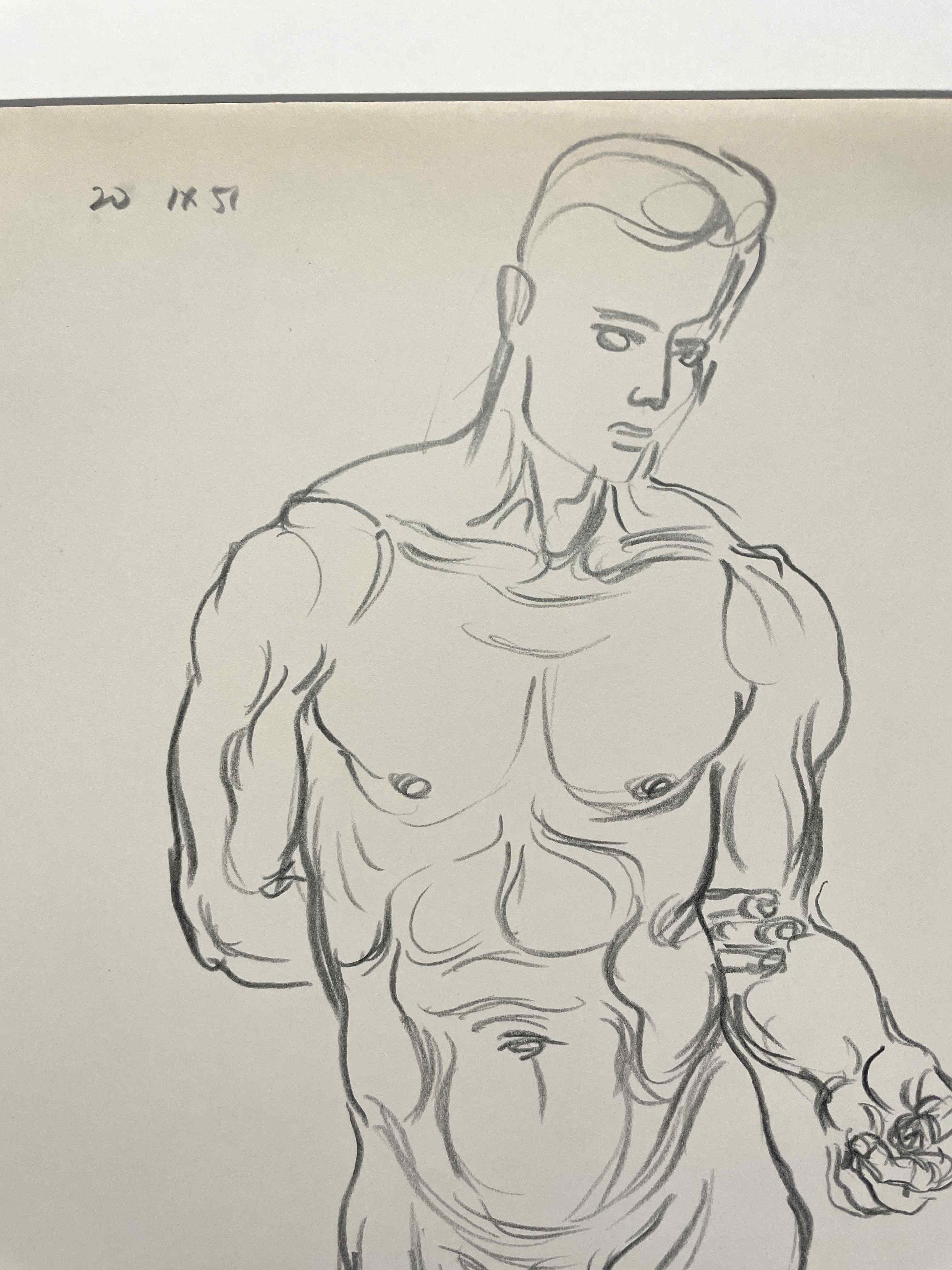 Figure Drawing of a standing Male Nude by Artist Harold Haydon For Sale 3