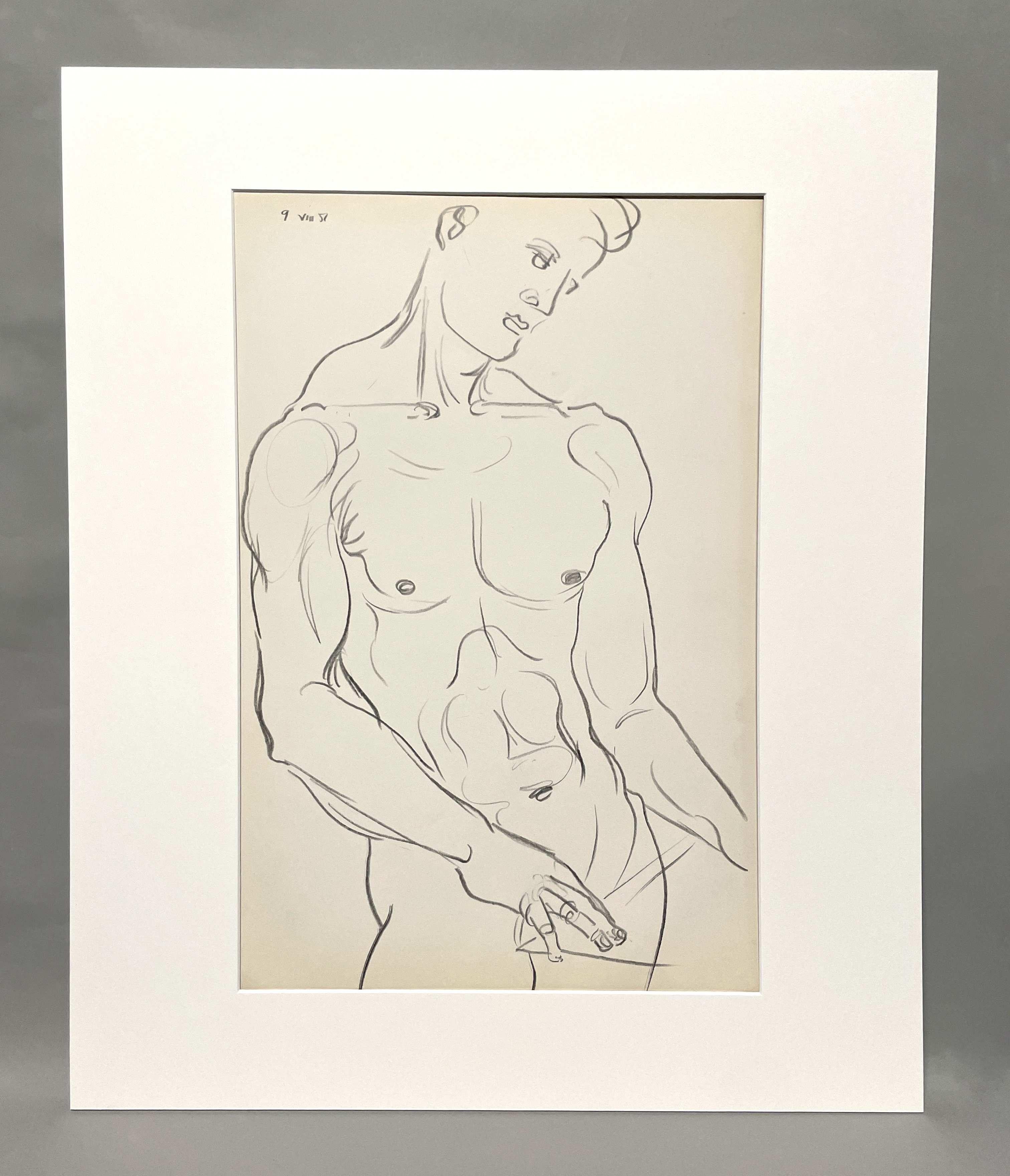 A black and white figure study of a nude male, from 1951, by artist Harold Haydon.  Matted to 24