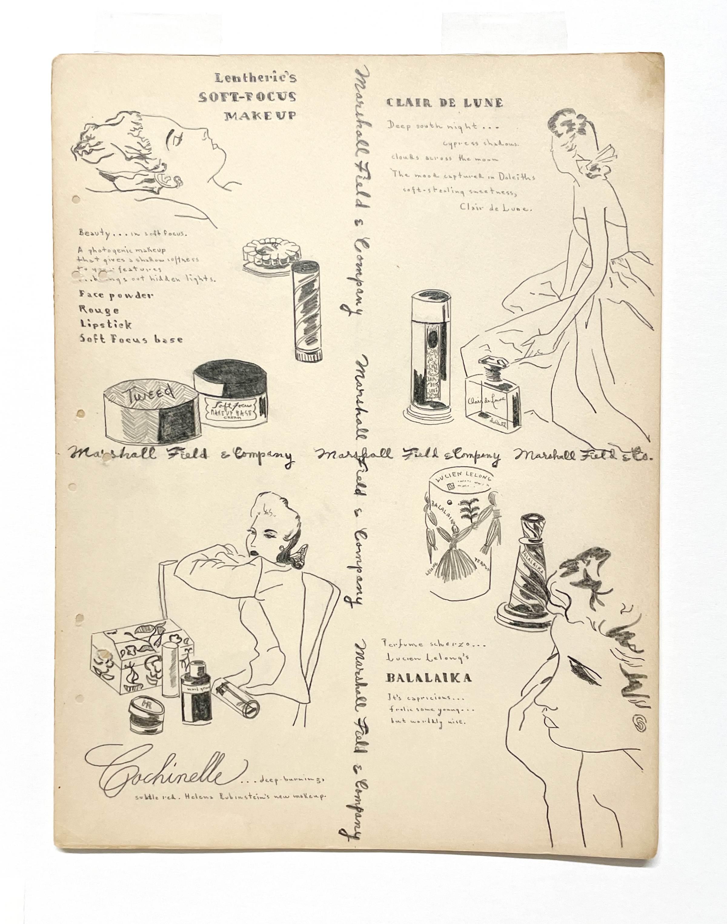 Modestudie aus den 1940er Jahren für eine Parfümwerbung bei Marshall Fields & Company – Art von Unknown