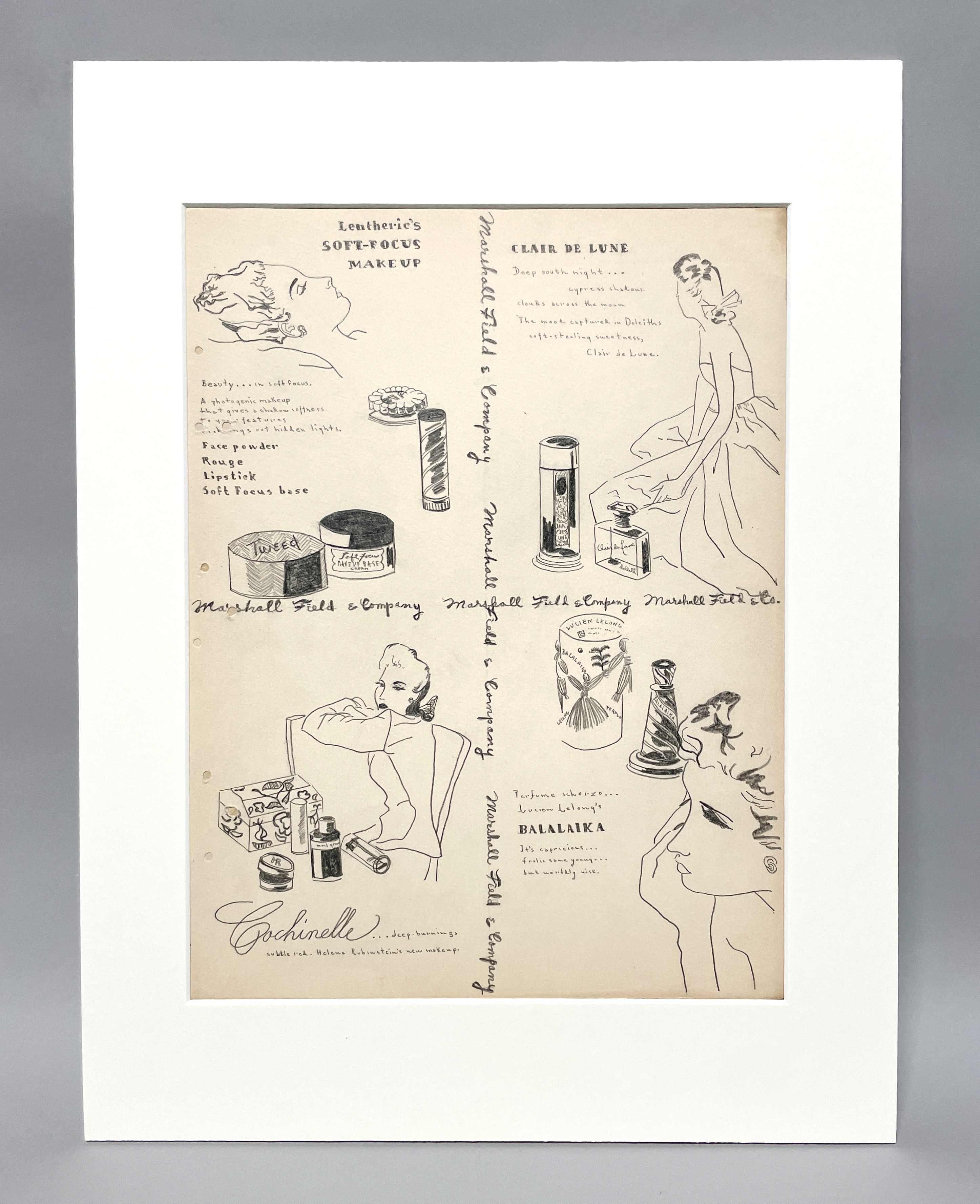 Modestudie aus den 1940er Jahren für eine Parfümwerbung bei Marshall Fields & Company (Art déco), Art, von Unknown