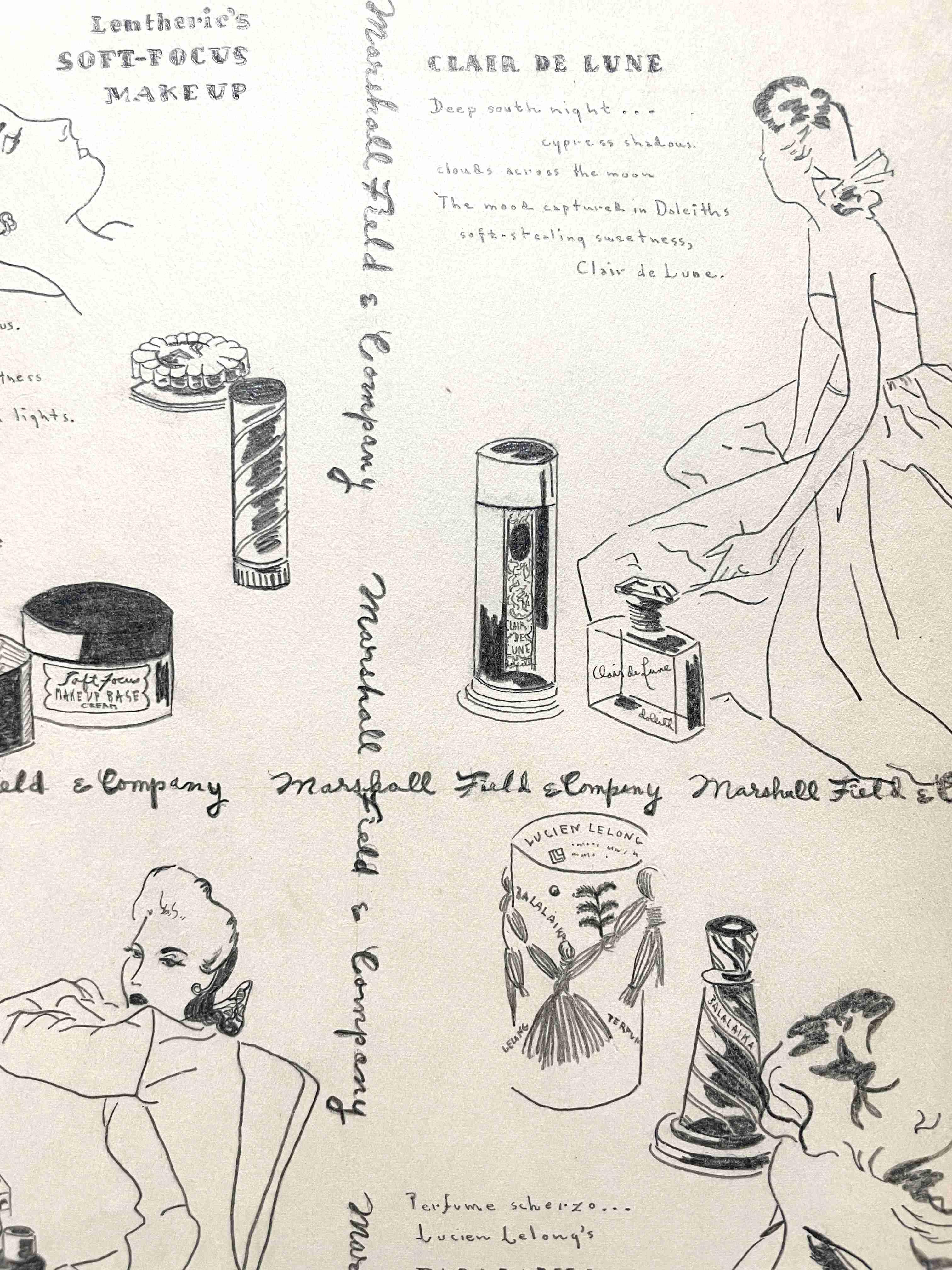 Modestudie aus den 1940er Jahren für eine Parfümwerbung bei Marshall Fields & Company im Angebot 1