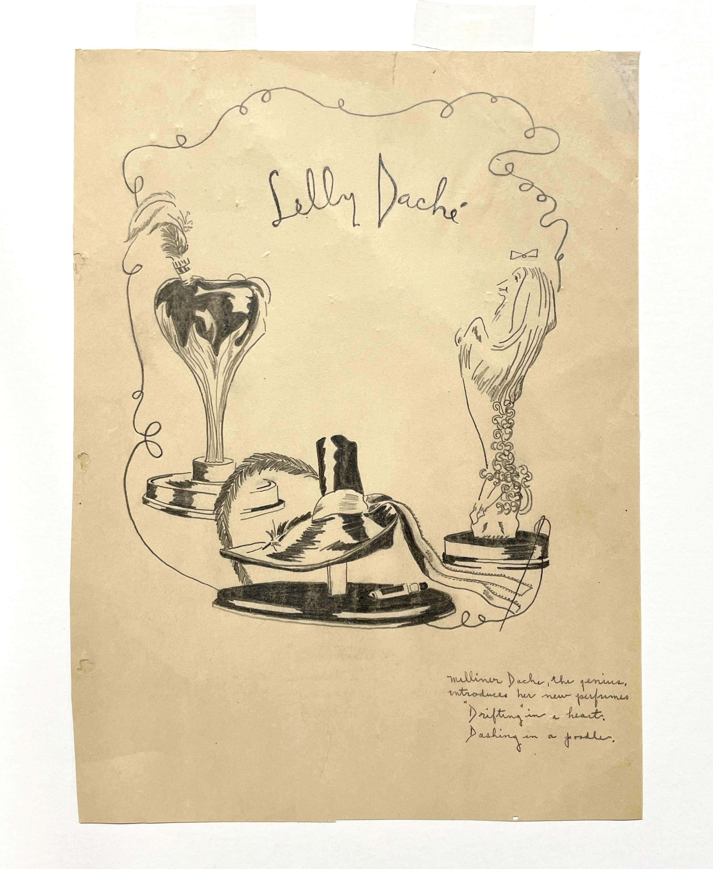 Modestudie aus den 1940er Jahren mit einer Werbung für Lilly Daché-Parfüms – Art von Unknown