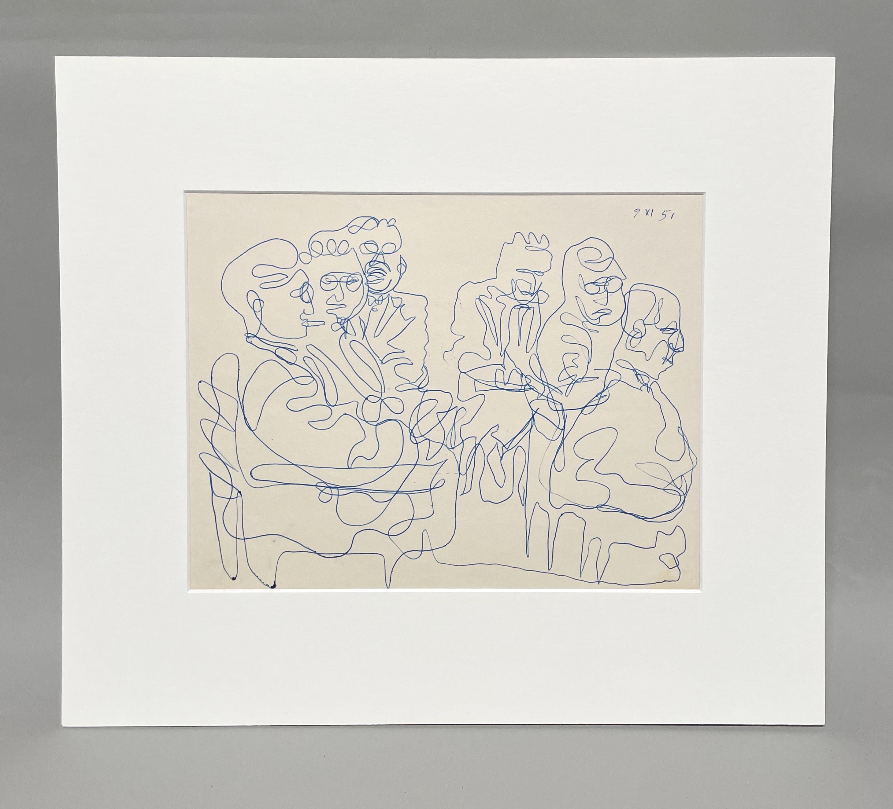 A ink on paper figure study by artist Harold Haydon depicting a conversation.

Harold Emerson Haydon was born in Fort William, Ontario, Canada in 1909.   Haydon came to Chicago with his family in 1917 and became a naturalized American citizen in