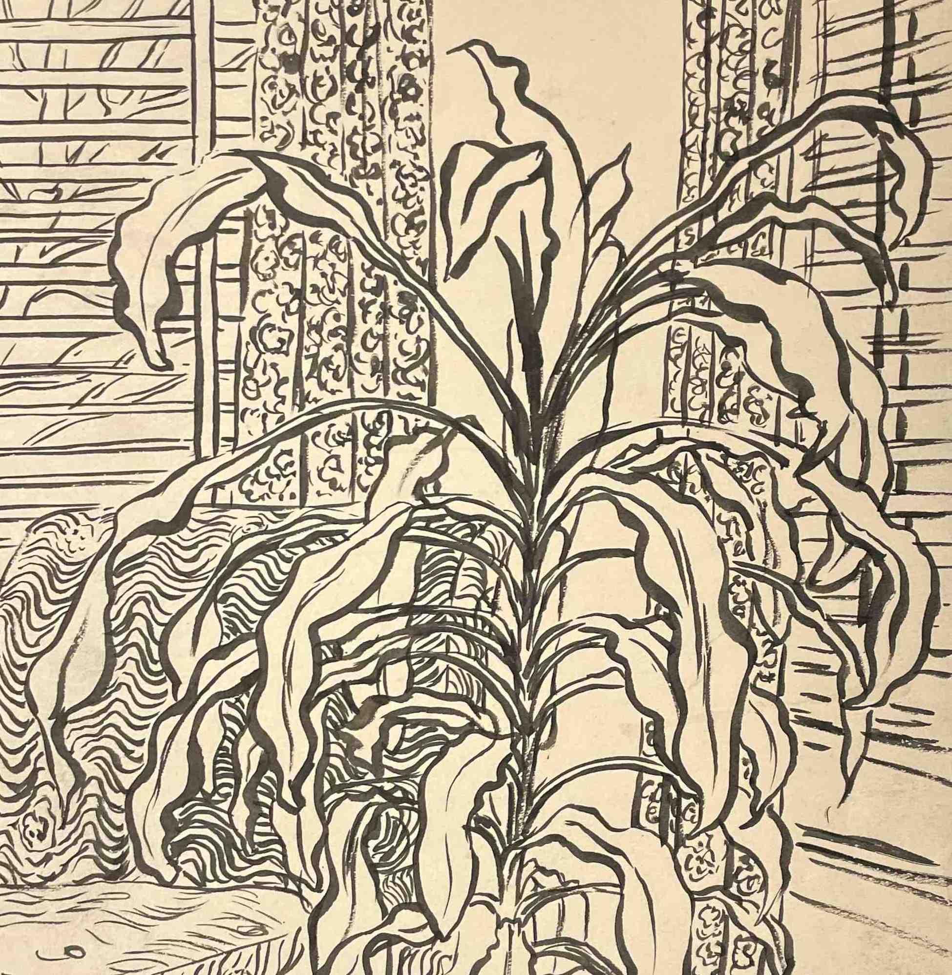 1951 Tinte auf Papier Stillleben in einem Interieur des Künstlers Harold Haydon im Angebot 3