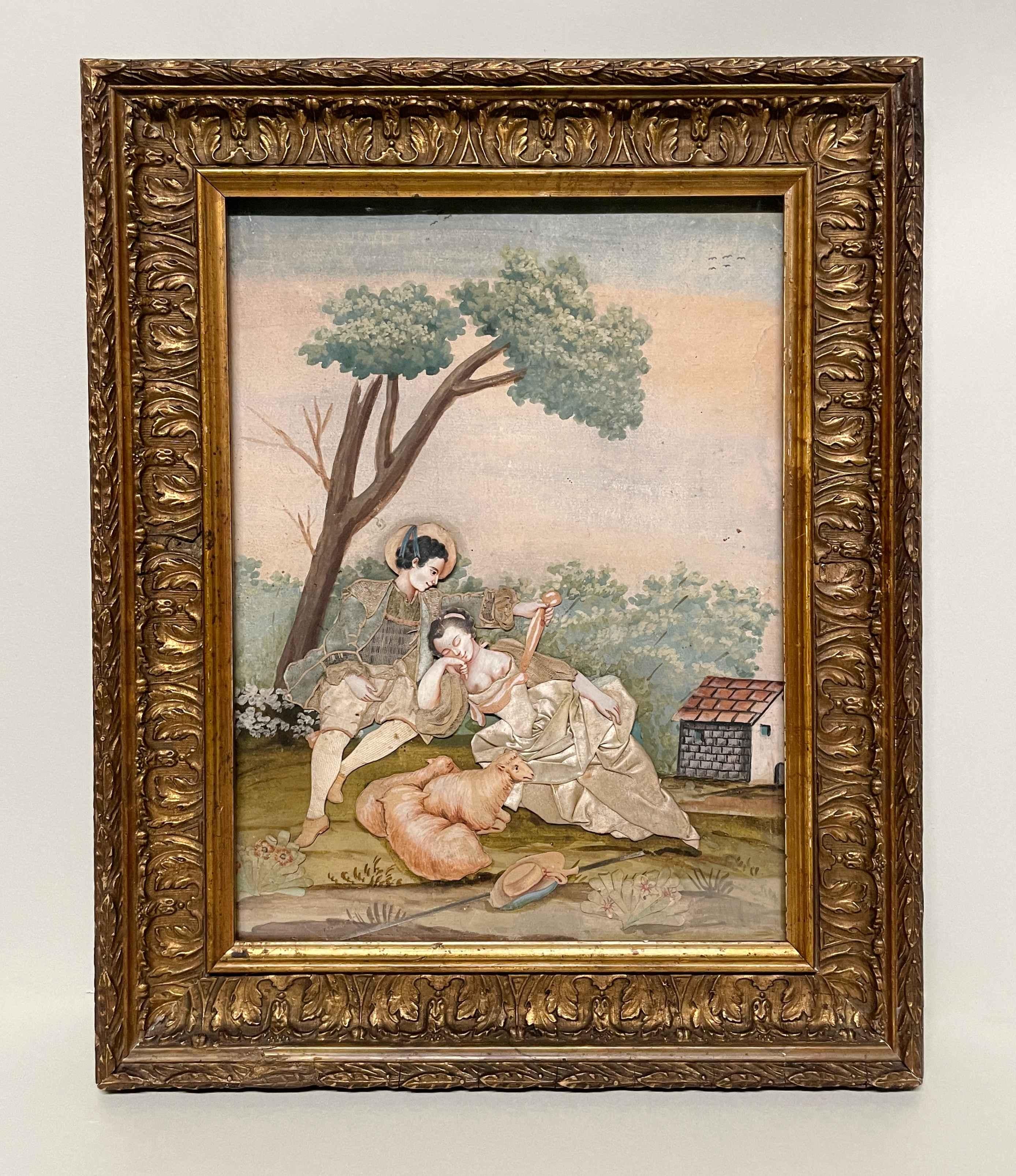 19th C. French Provincial Watercolor & Collage-Figures in a Pastoral Landscape - Art by Unknown