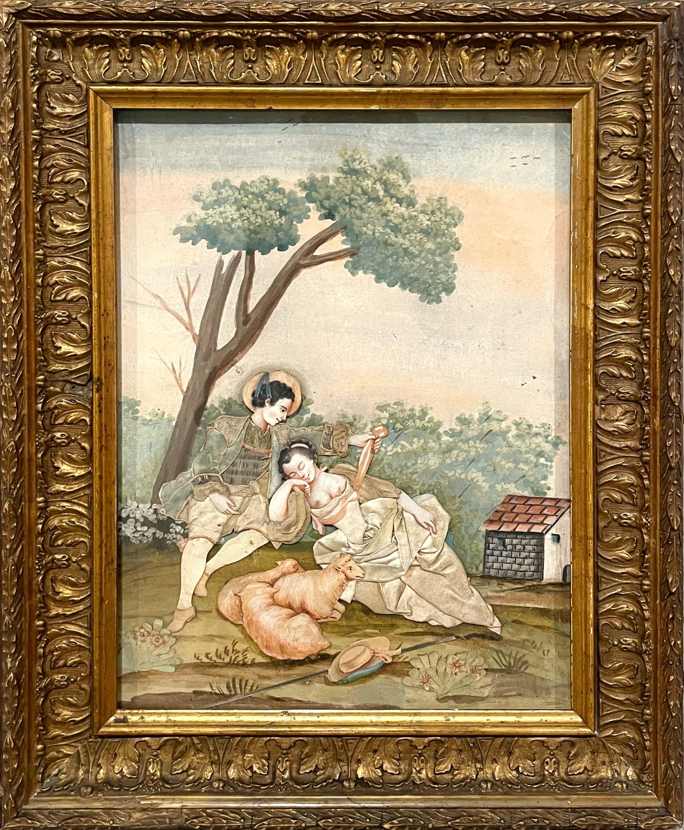 Aquarell- und Collage-Figuren in einer pastoralen Landschaft im französischen Stil des 19. Jahrhunderts (Französische Schule), Art, von Unknown