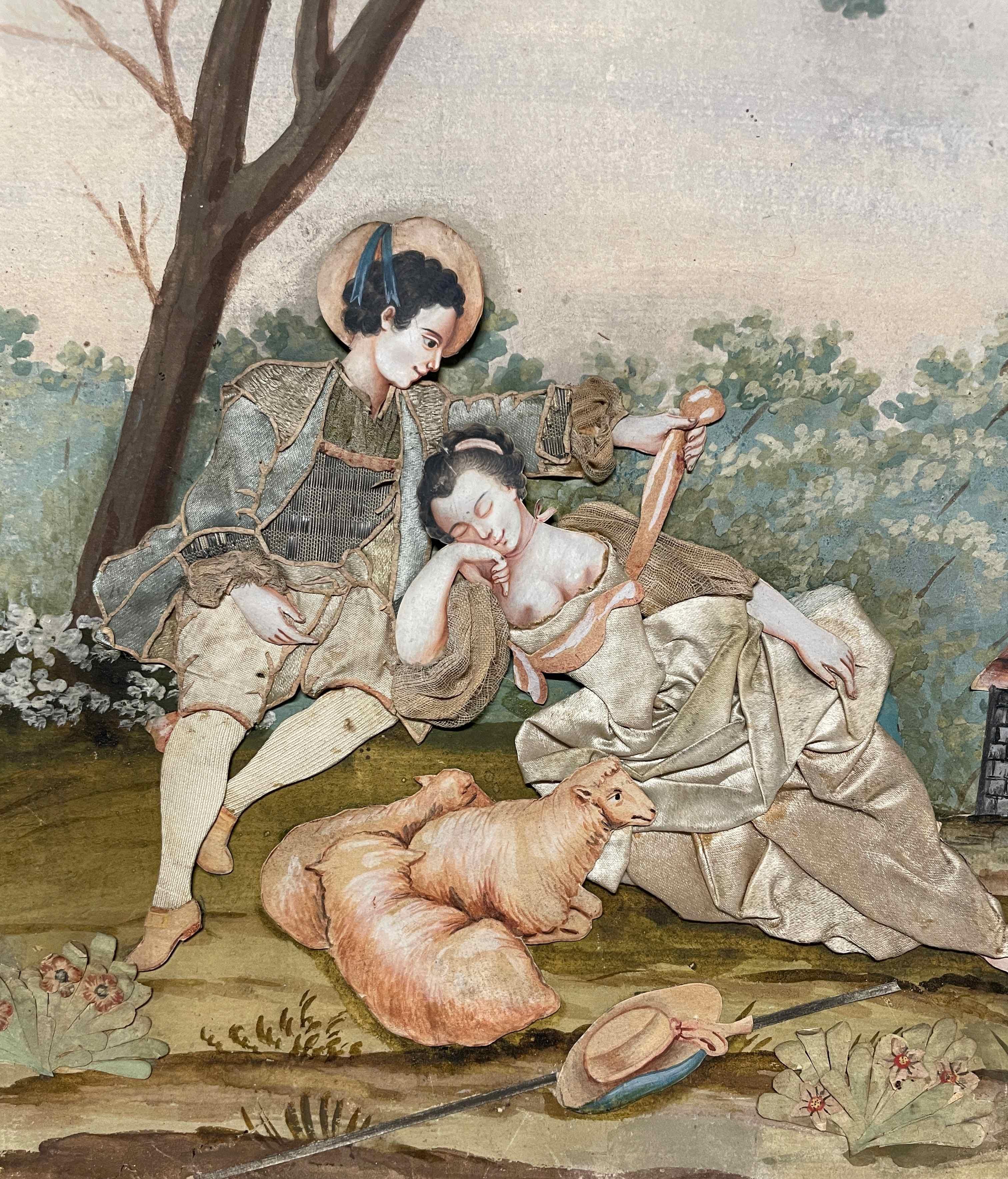A fine 19th Century, Continental watercolor and textile fabric collage, depicting an erotic figural group at leisure in a pastoral landscape.  Subject reminiscent of Henry Fielding's humorous novel, 